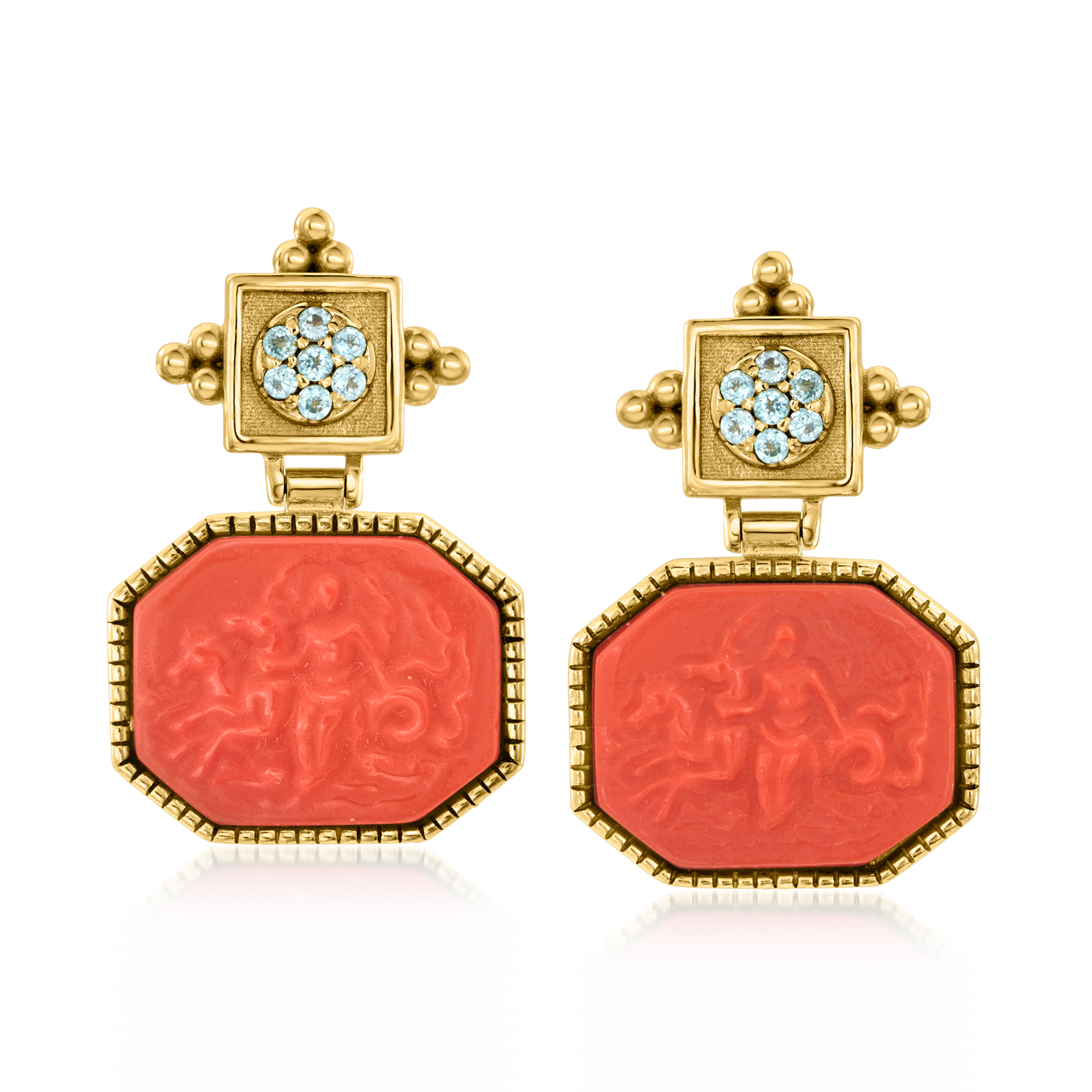 Italian Tagliamonte Red Venetian Glass Greek Mythology Drop Earrings with .70 ct. t.w. Swiss Blue Topaz in 18kt Gold Over Sterling Silver