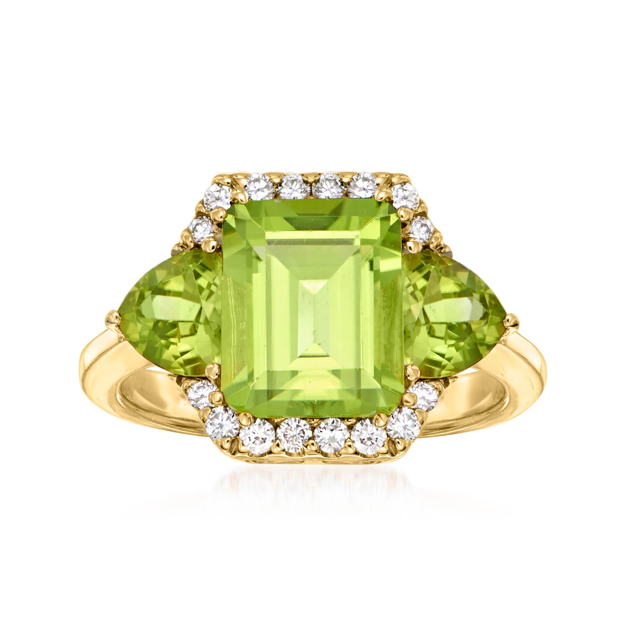 460 ct tw Peridot Ring with 26 ct tw Diamonds in 14kt Yellow Gold