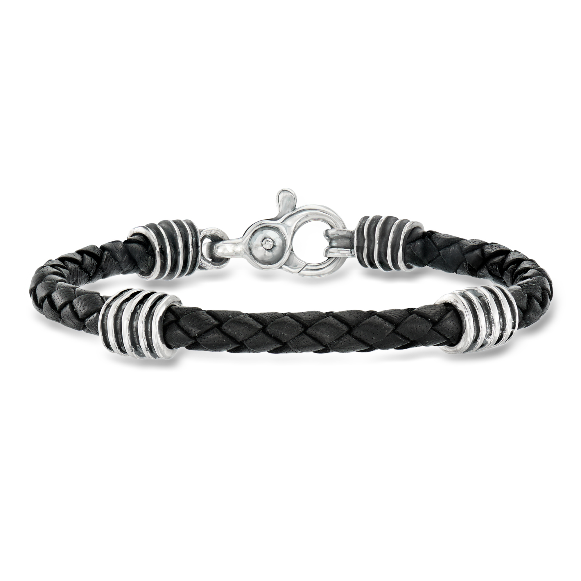 Zina Sterling Silver Men's Braided Black Leather Bracelet