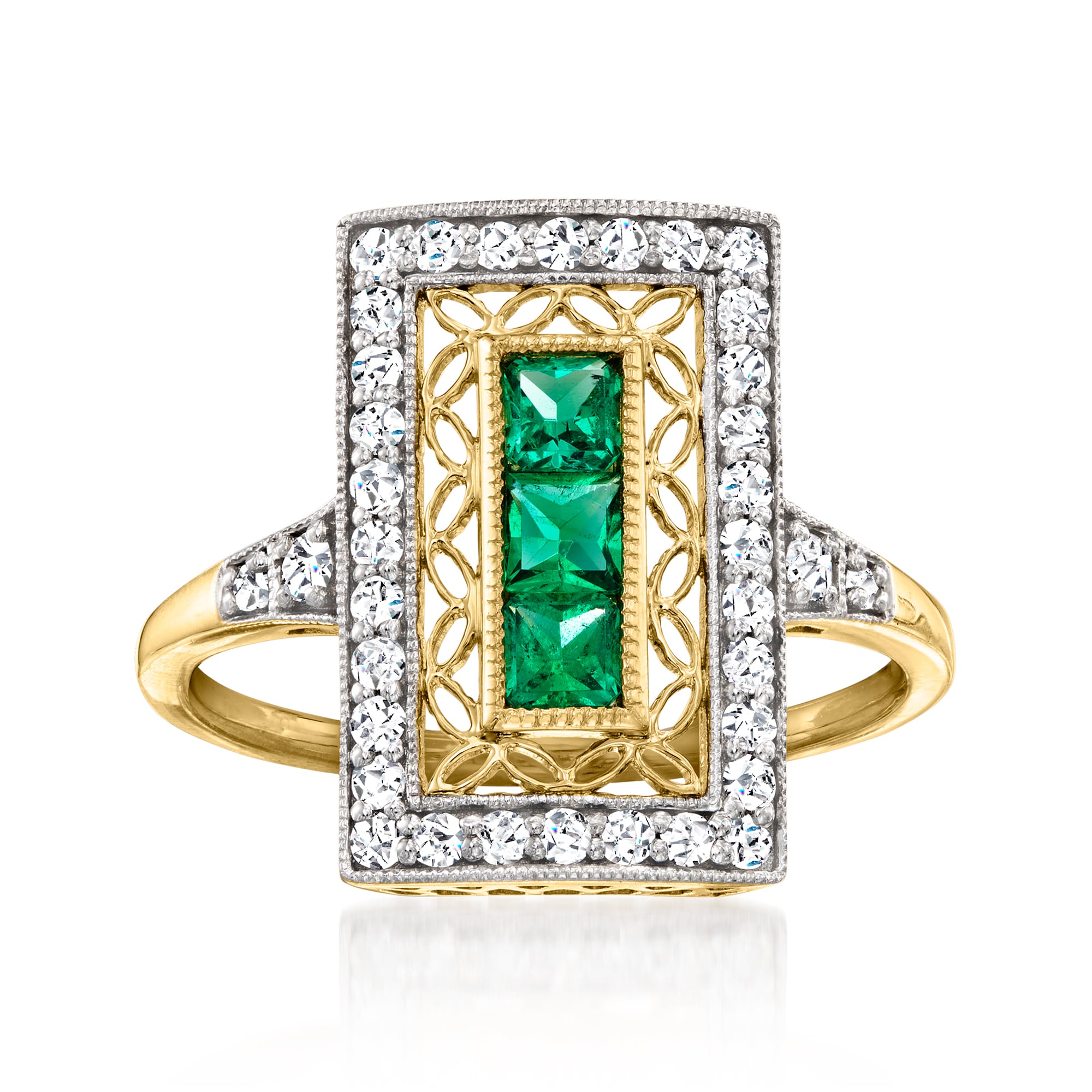 C 2000 Vintage 38 ct tw Diamond and 31 ct tw Emerald Ring in 14kt Yellow Gold