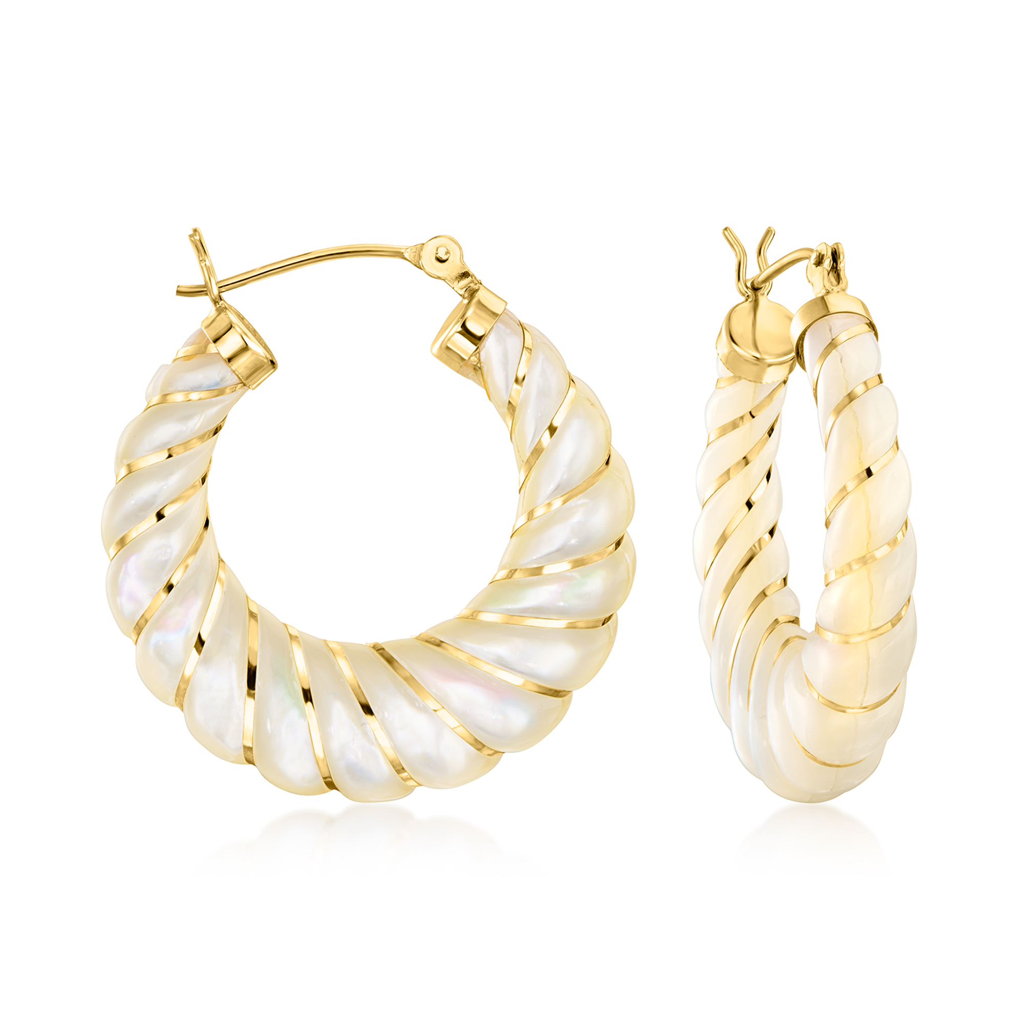 Carved MotherofPearl Hoop Earrings with 14kt Yellow Gold