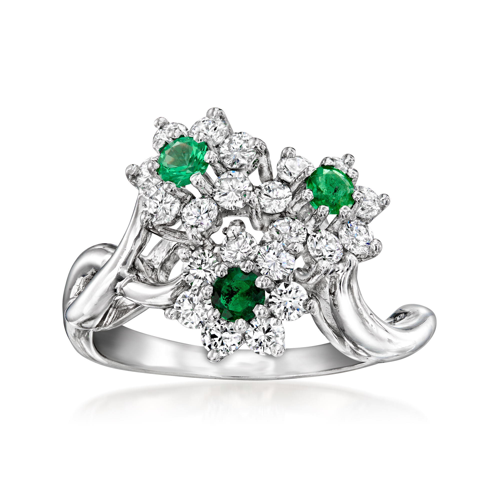 C 1980 Vintage 100 ct tw Diamond and 36 ct tw Emerald Flower Ring in 14kt White Gold