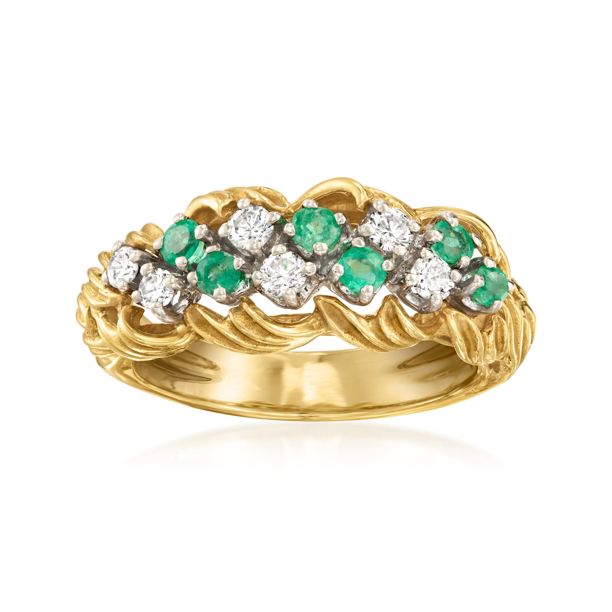 C 1980 Vintage 40 ct tw Diamond and 36 ct tw Emerald Twisted Ring in 18kt Yellow Gold