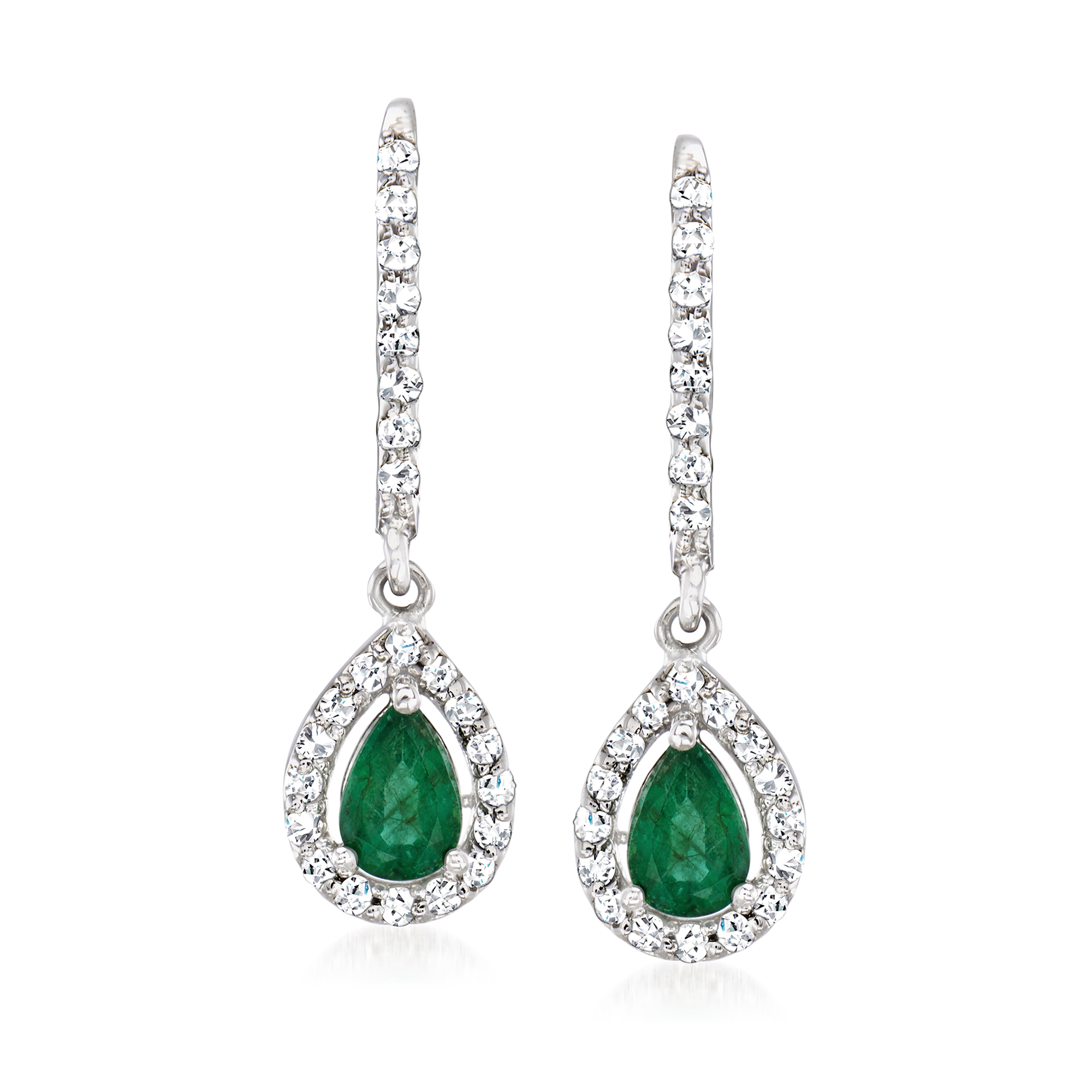 80 ct tw Emerald Drop Earrings with 41 ct tw Diamonds in 18kt White Gold