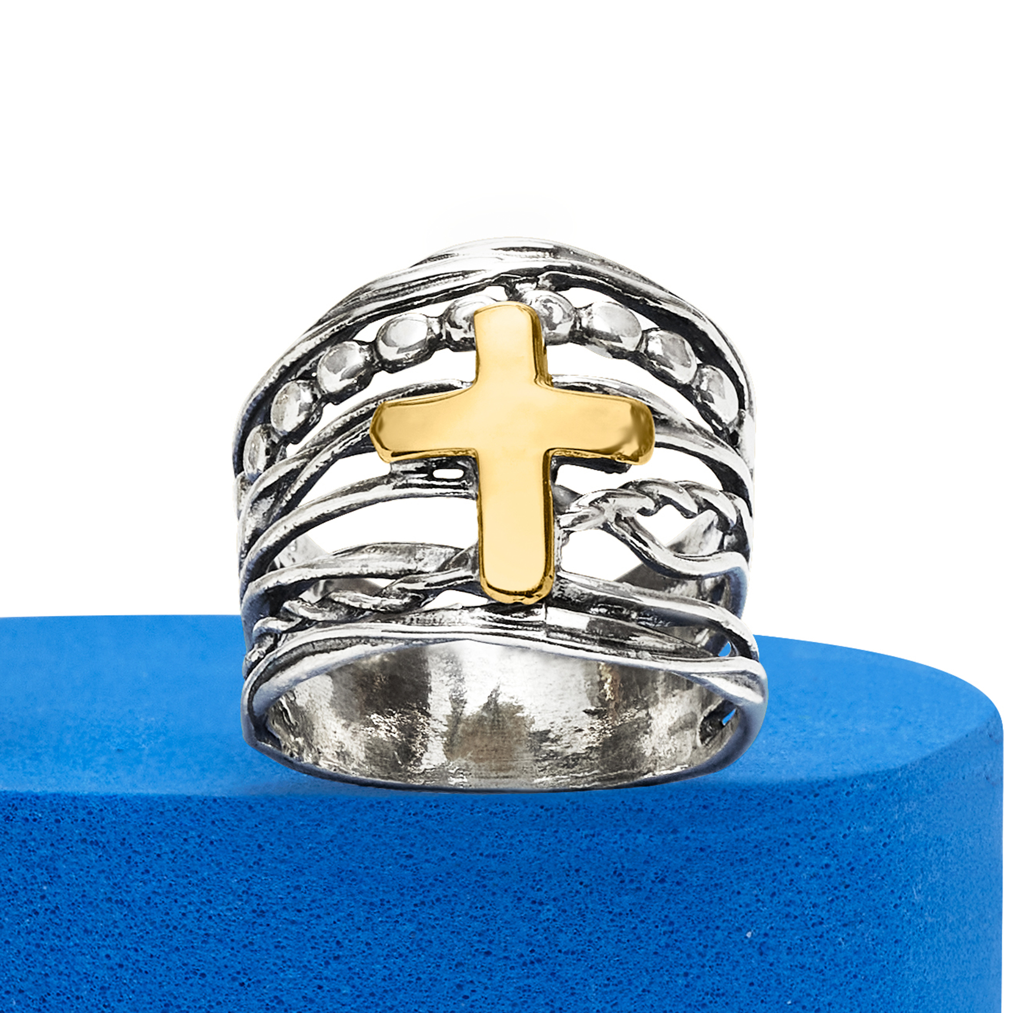 Sterling Silver and 14kt Yellow Gold Multi-Row Cross Ring