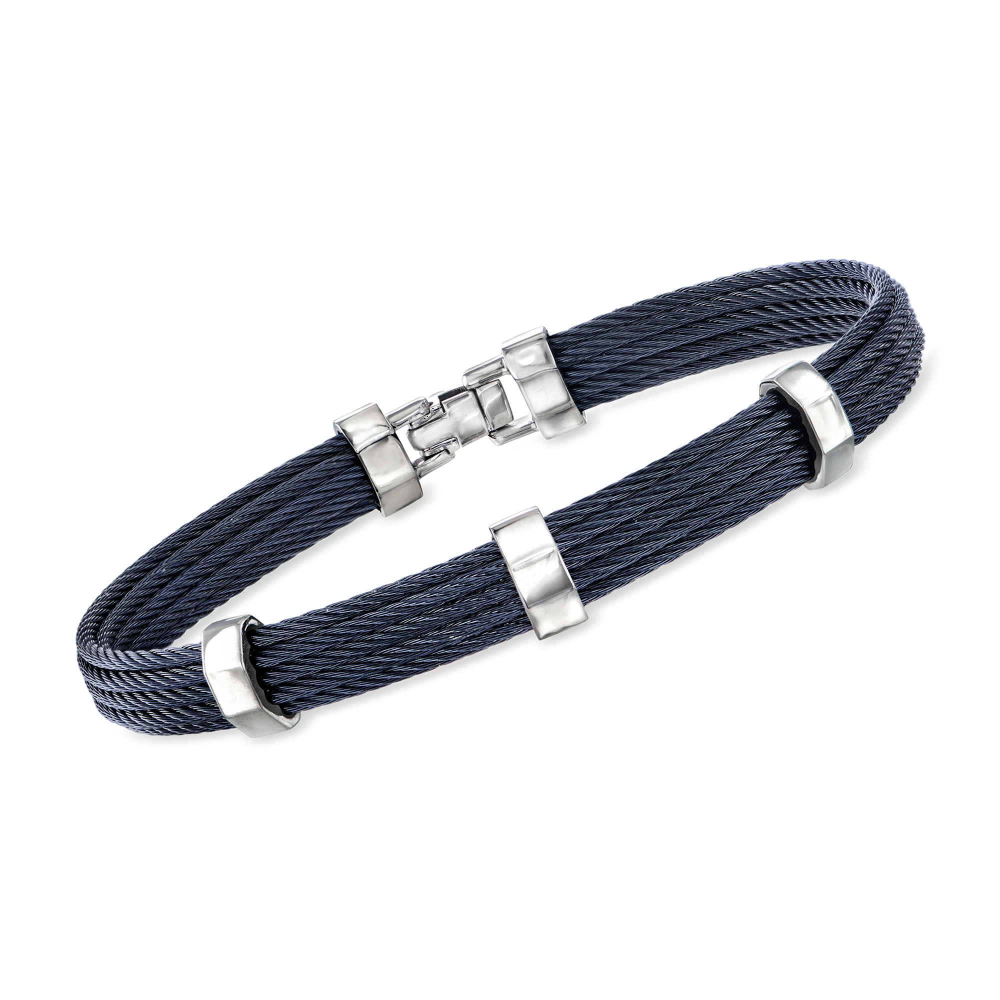 ALOR Men's Blue and White Stainless Steel Cable Station Bracelet. 8.5