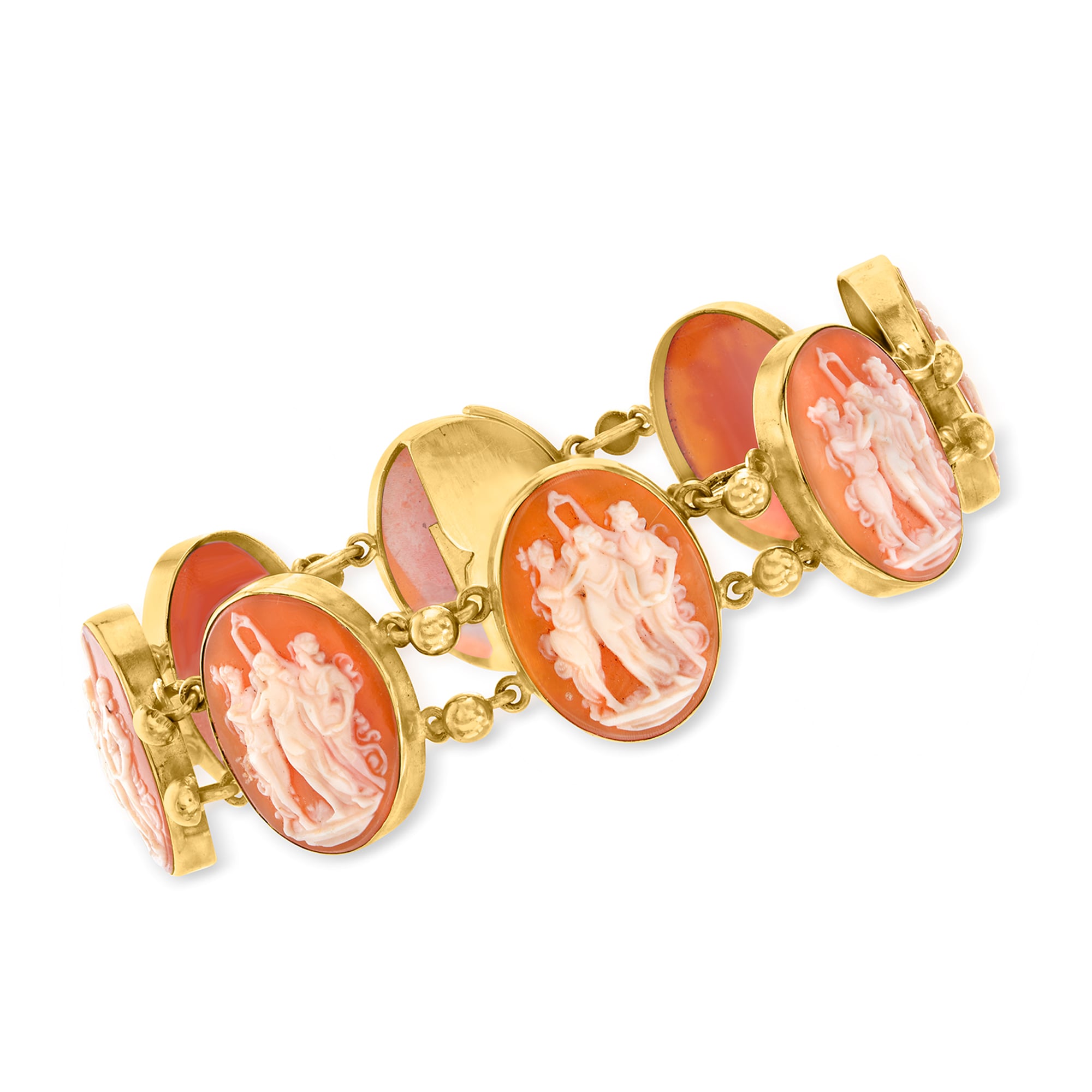 C. 1950 Vintage Pink Shell Three Graces Cameo Bracelet in 18kt