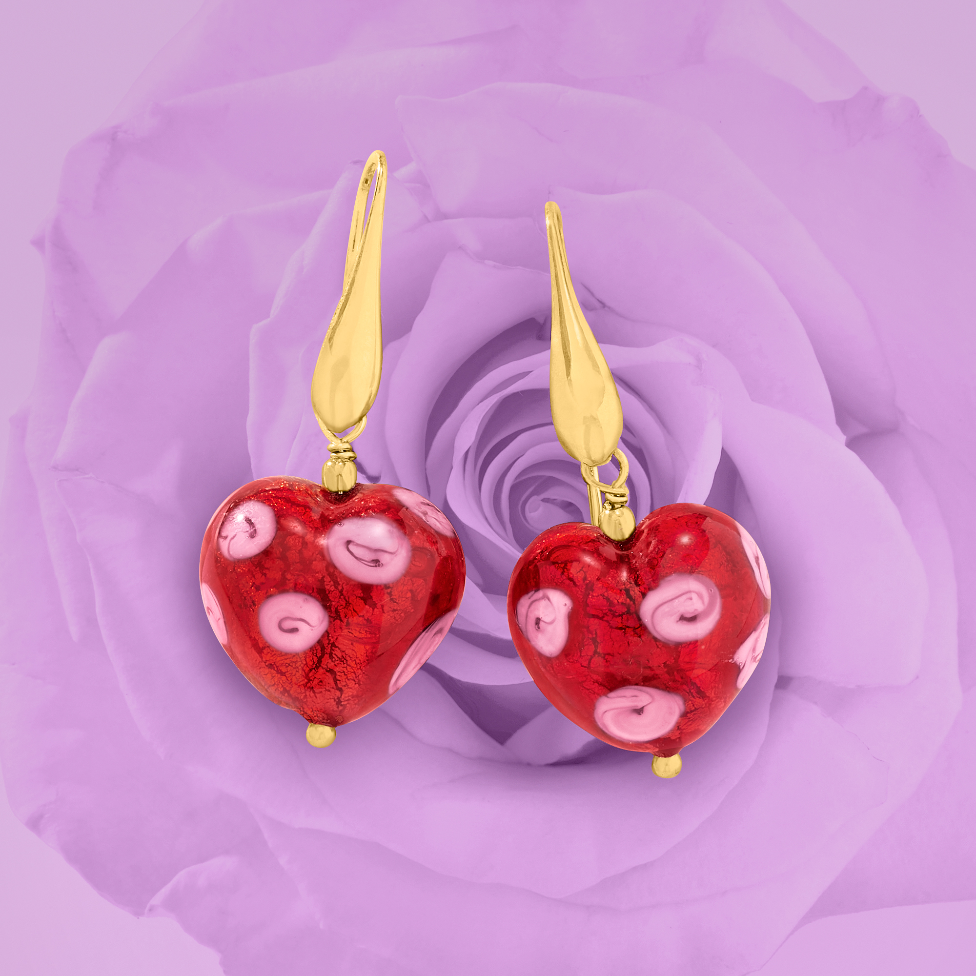 Italian Murano Glass Red Heart Drop Earrings in 18kt Gold