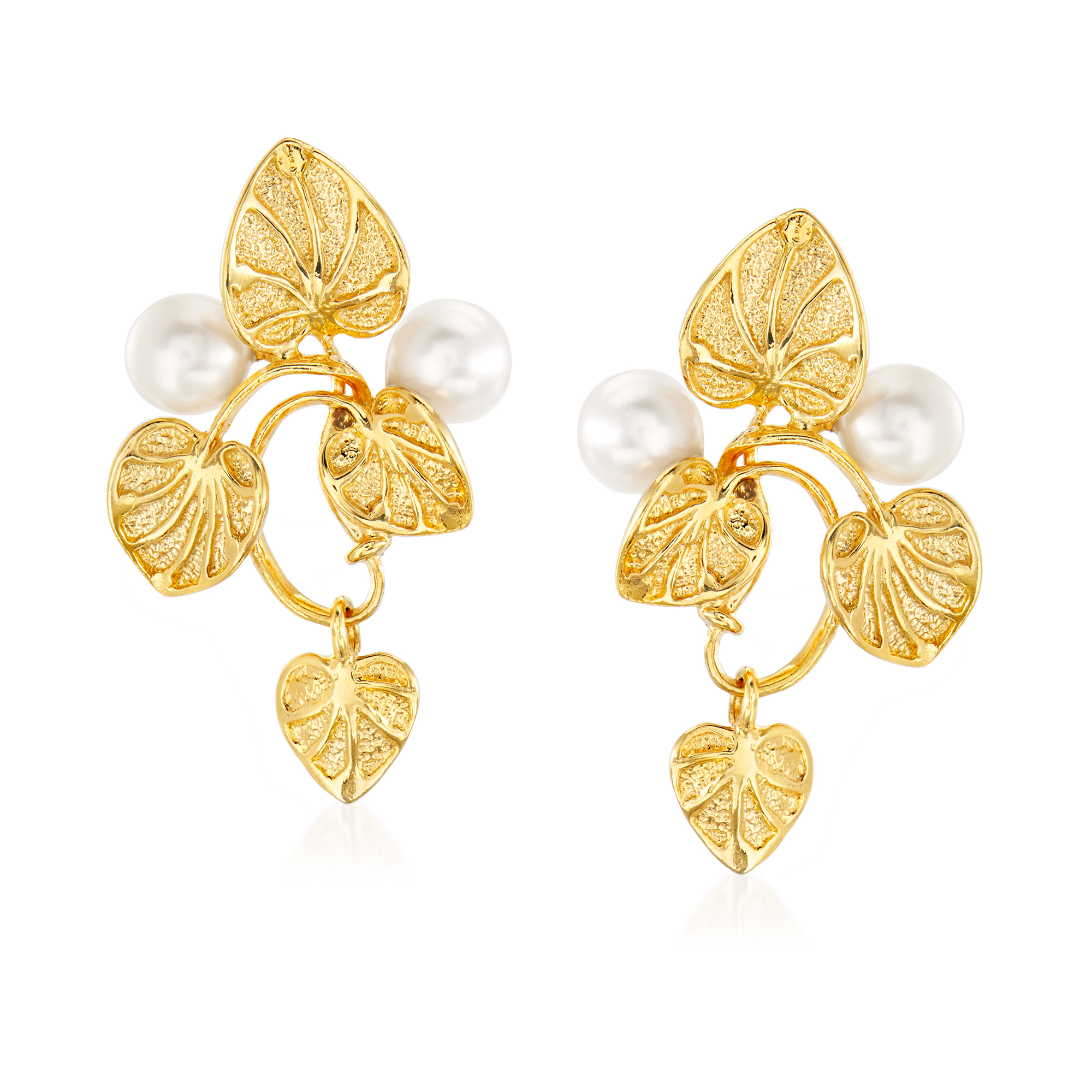 Italian 6mm Cultured Pearl Vine Drop Earrings in 18kt Gold