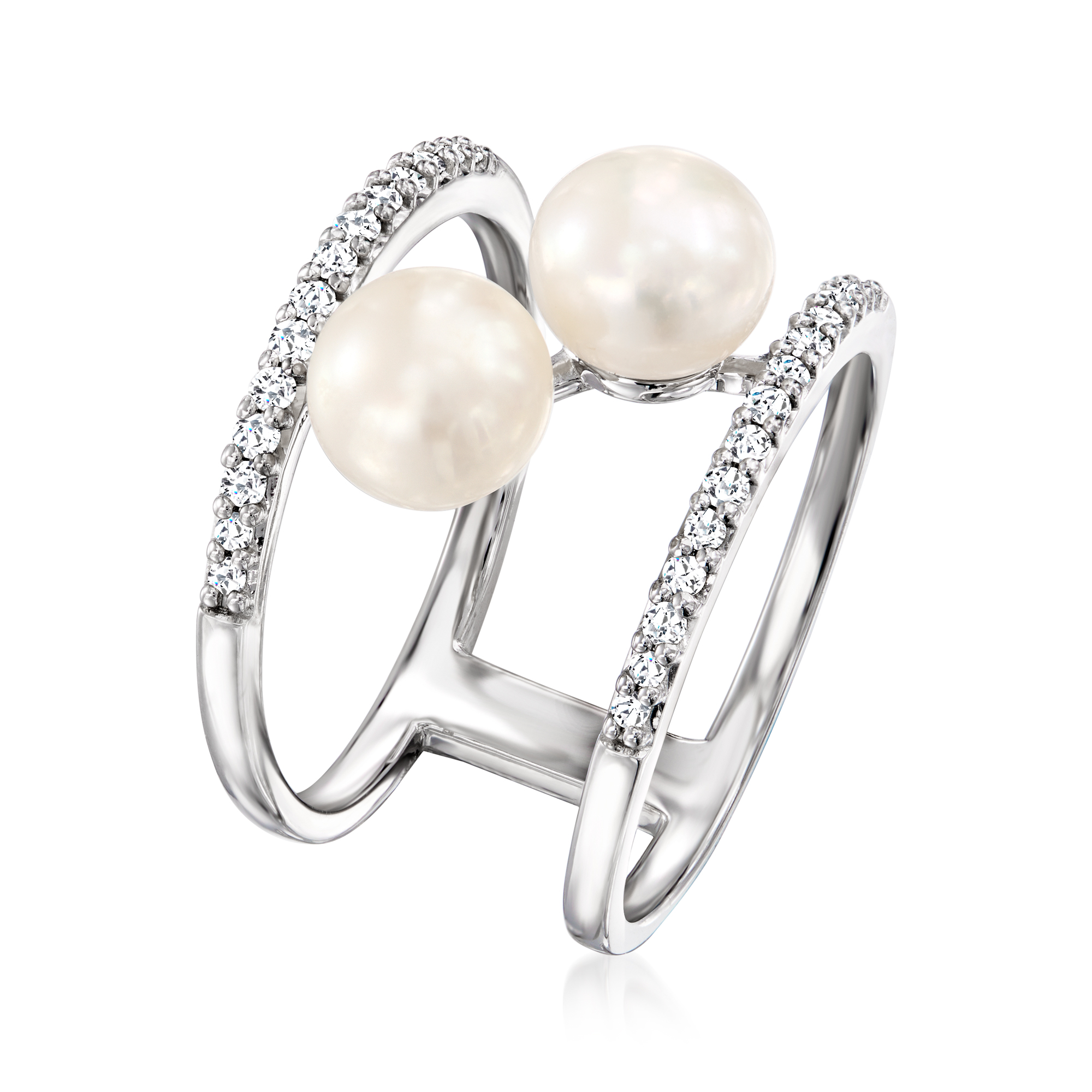 6.5-7mm Cultured Pearl and .24 ct. t.w. Diamond Open-Space Ring in