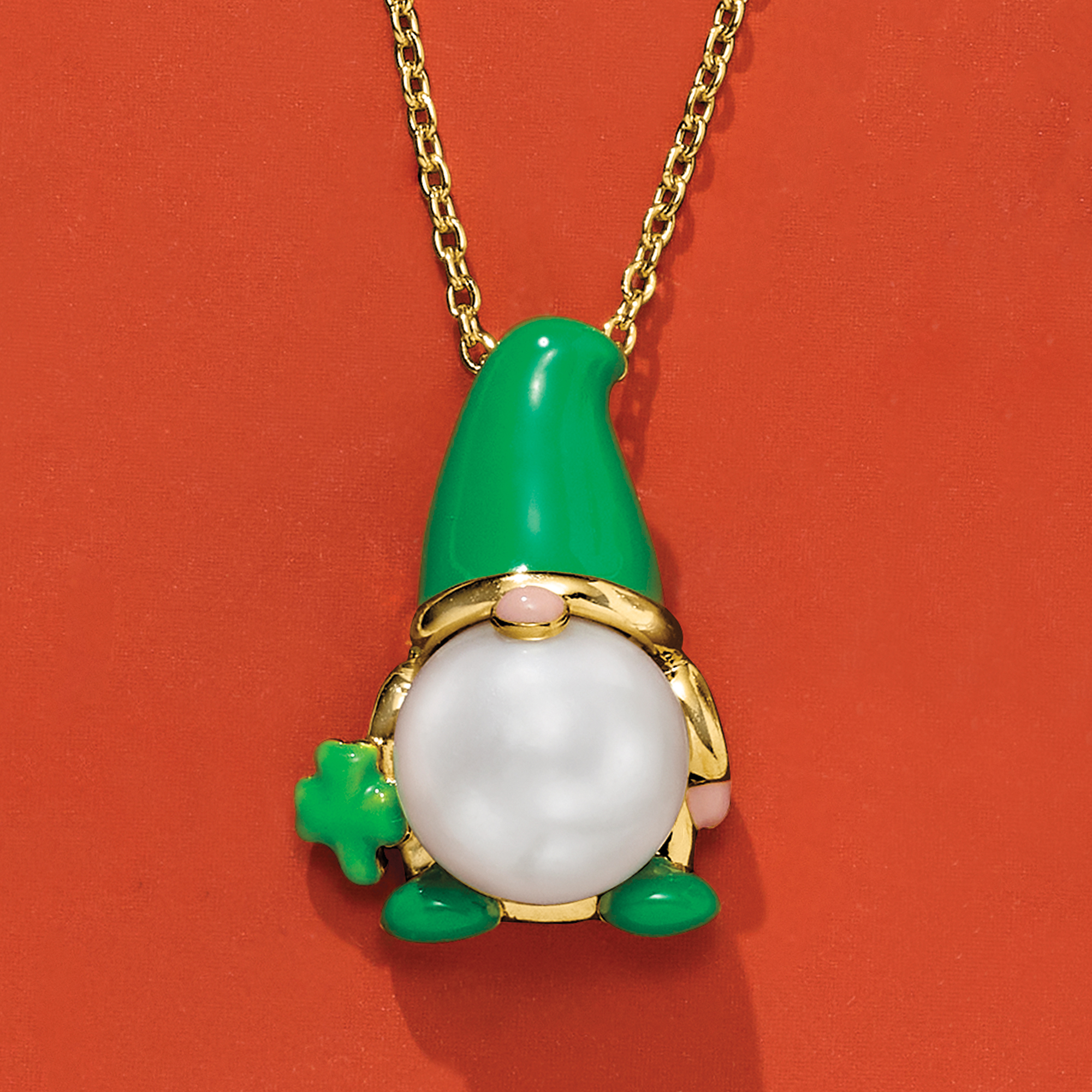 9-9.5mm Cultured Pearl and Green Enamel Leprechaun Gnome Pendant