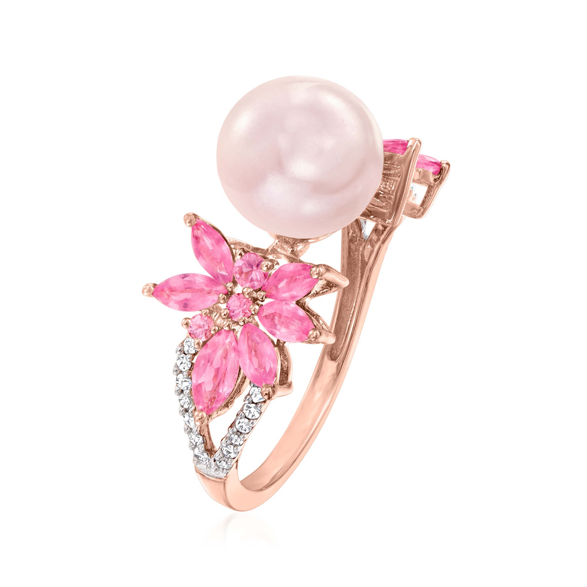9-9.5mm Pink Cultured Pearl Ring with .93 ct. t.w. Pink