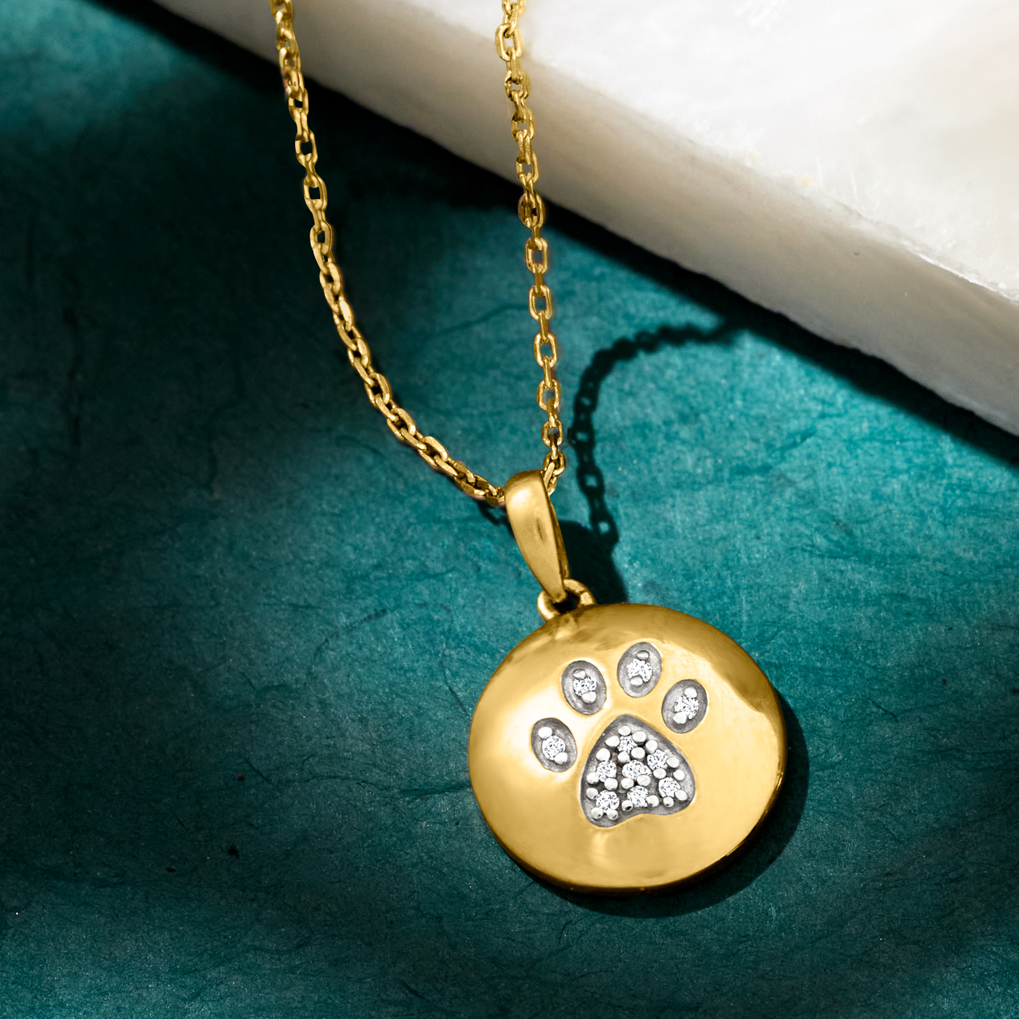 Diamond Paw Print Circle Pendant Necklace in 18kt Gold Over