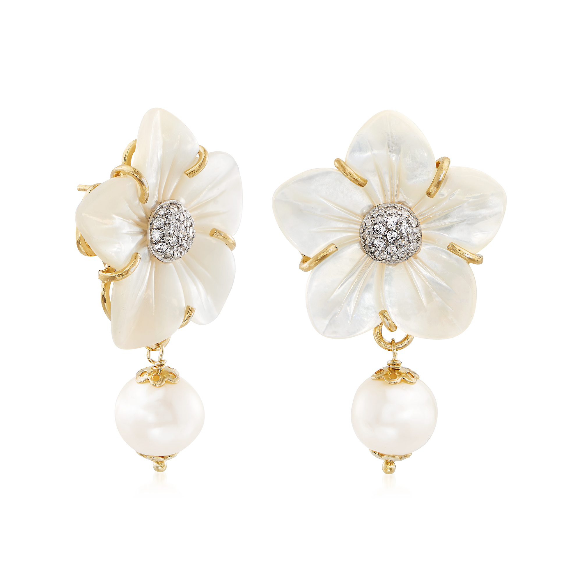 Italian Mother-Of-Pearl and 12mm Cultured Pearl Flower Drop Earrings ...