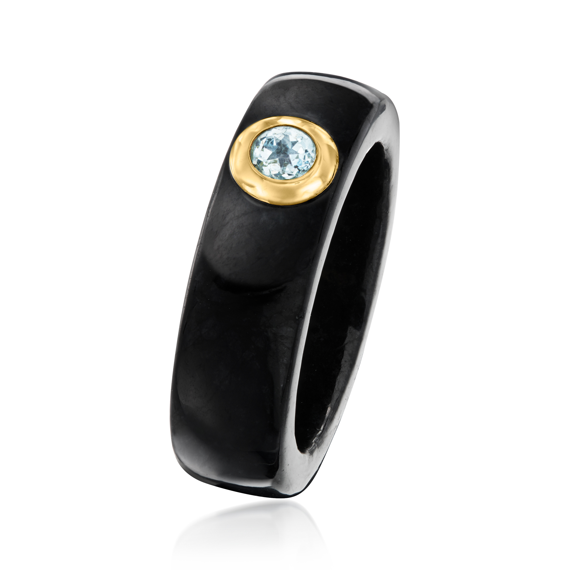 Black Jade and .30 Carat Sky Blue Topaz Ring with 14kt Yellow Gold