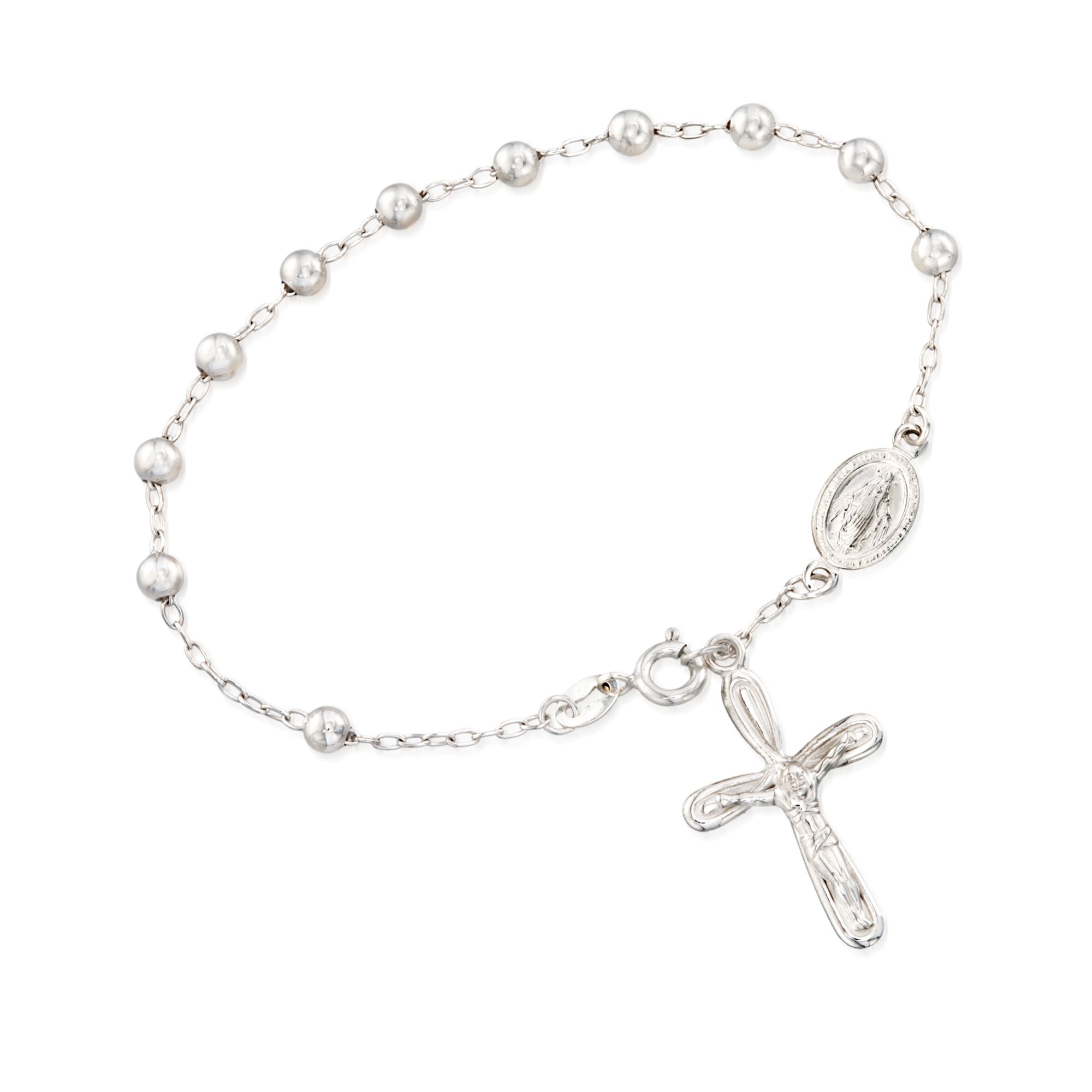 18-Inch Rhodium Plated Necklace with 4mm Zircon Birthstone Beads and Sterling Silver Miraculous Charm. 18-Inch Rhodium Plated Necklace with 4mm Zircon Birthstone Beads and Sterling Silver Miraculous Charm.