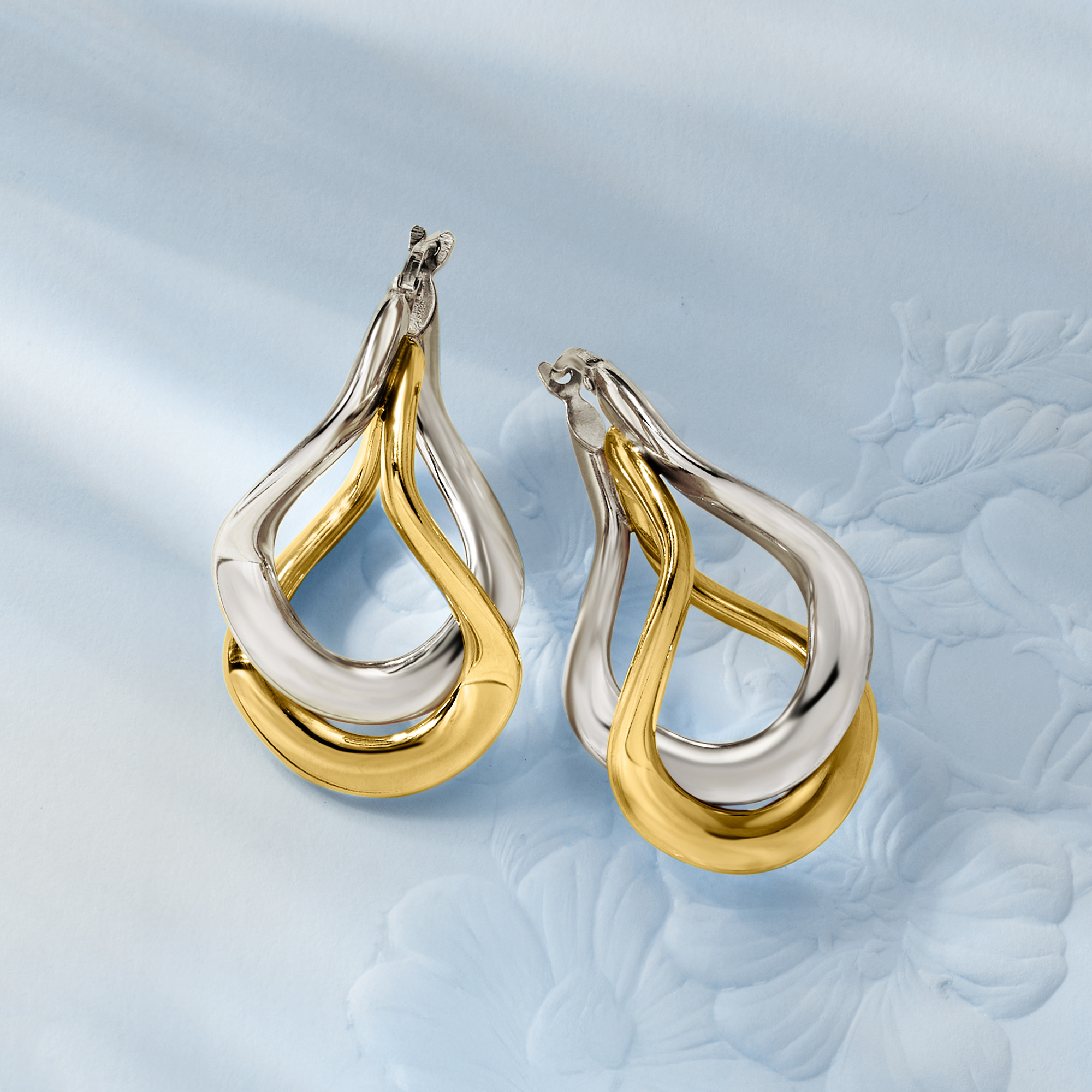 Italian Two-Tone Sterling Silver Curved Double-Hoop Earrings. 1 1