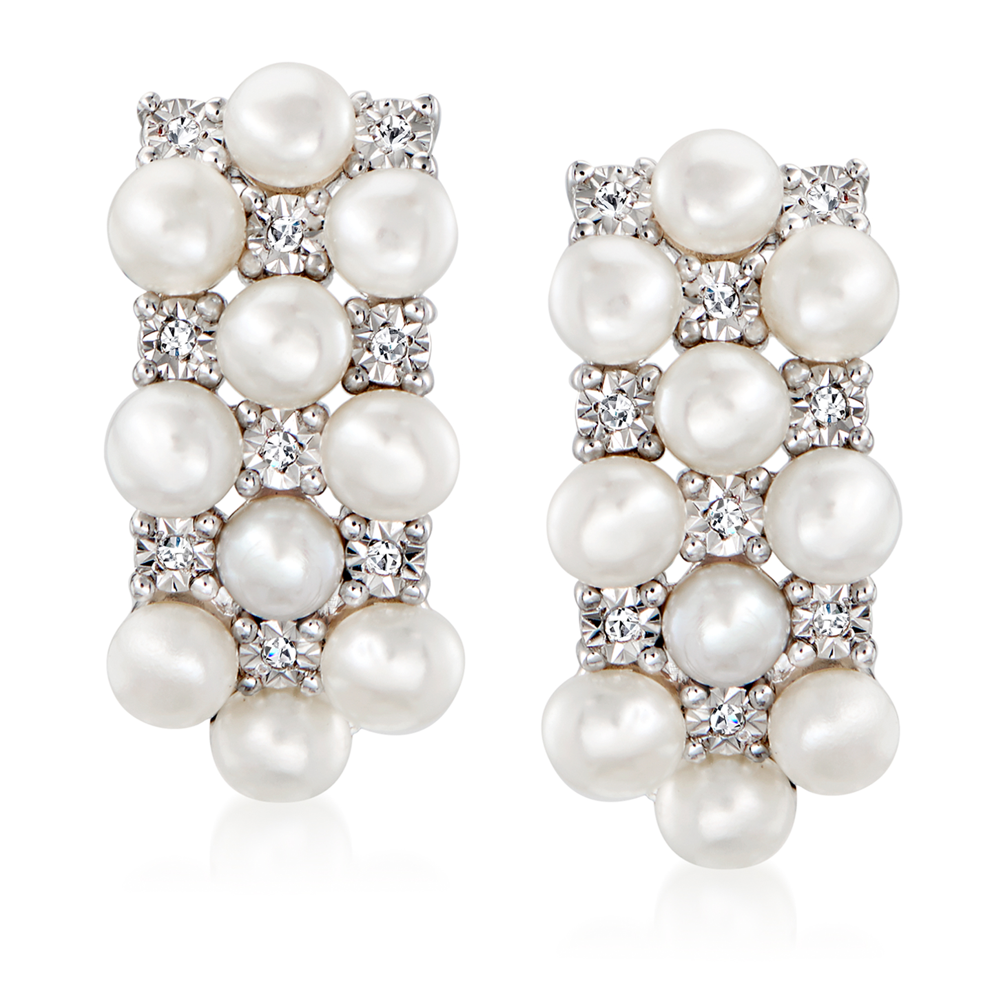 3mm Cultured Pearl Curved Earrings with Diamond Accents in