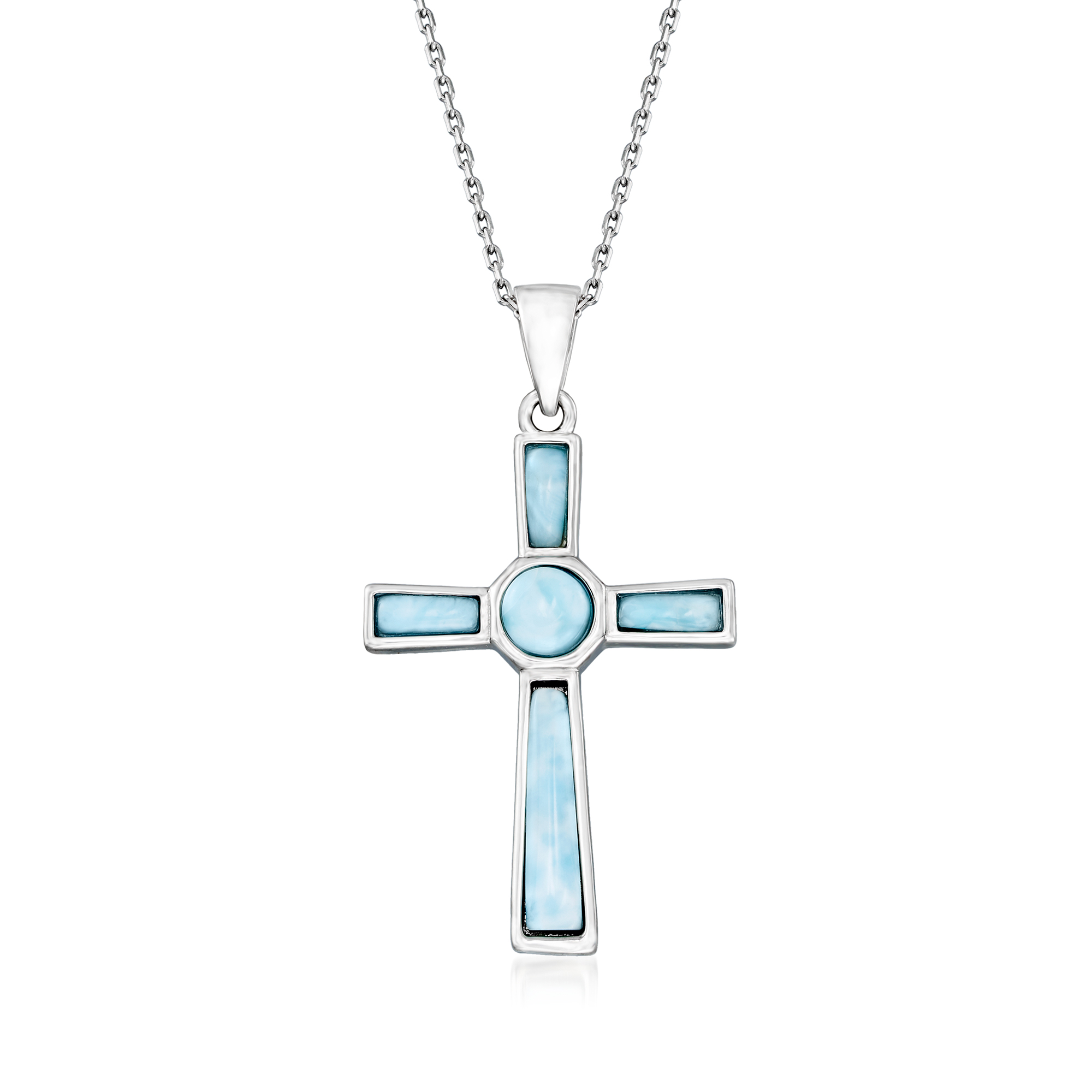 Larimar Cross Pendant Necklace in Sterling Silver. 18