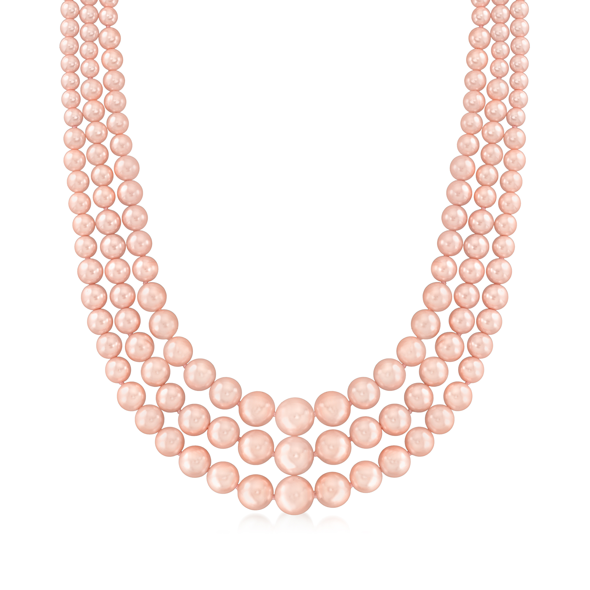 6-12mm Pink Shell Pearl Three-Strand Necklace with Sterling