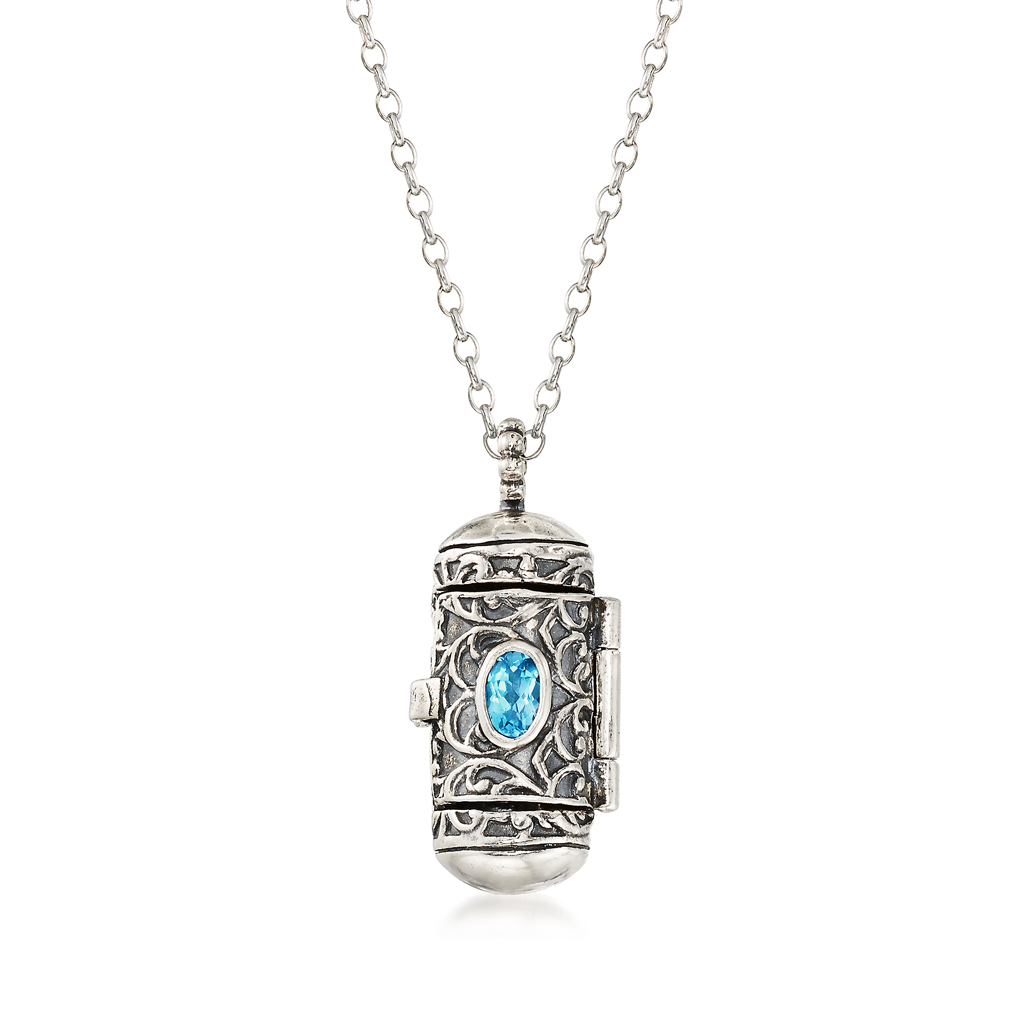 Sterling Silver Cylinder Prayer Box Pendant with Blue Topaz-