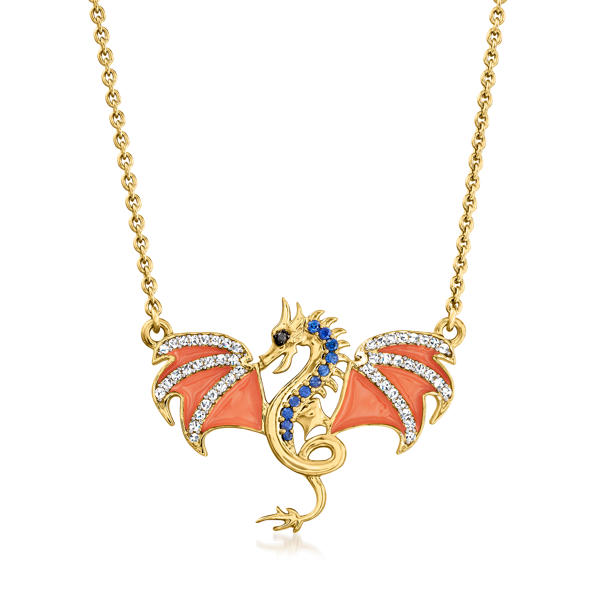 51 ct. t.w. Multi-Gemstone Dragon Necklace with Orange Enamel in