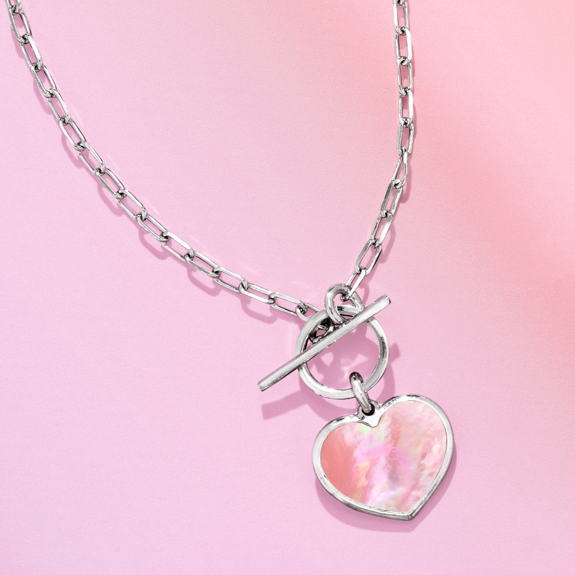 Italian Pink Mother-of-Pearl Heart Toggle Necklace in Sterling