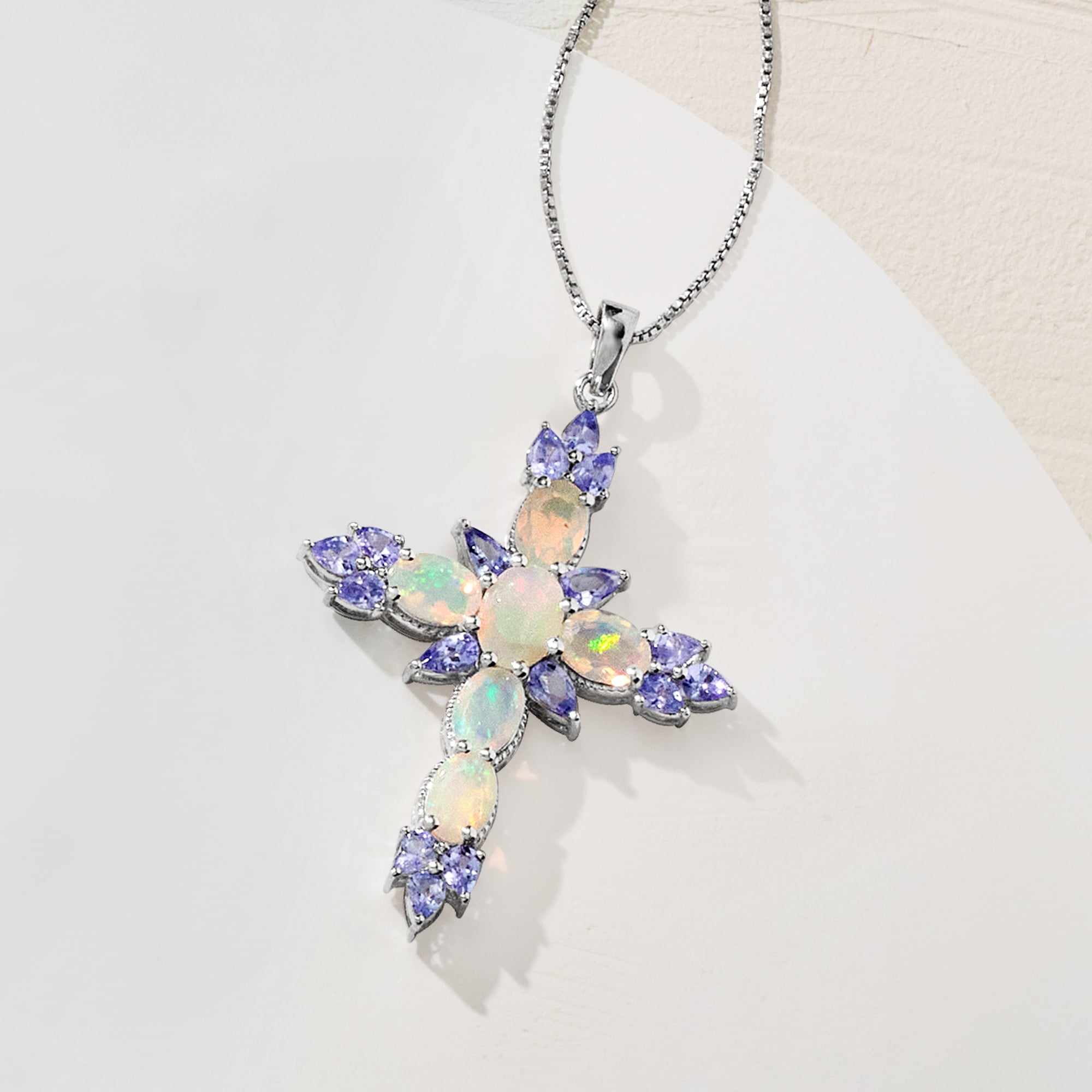 Ethiopian Opal and 1.90 ct. t.w. Tanzanite Cross Pendant Necklace