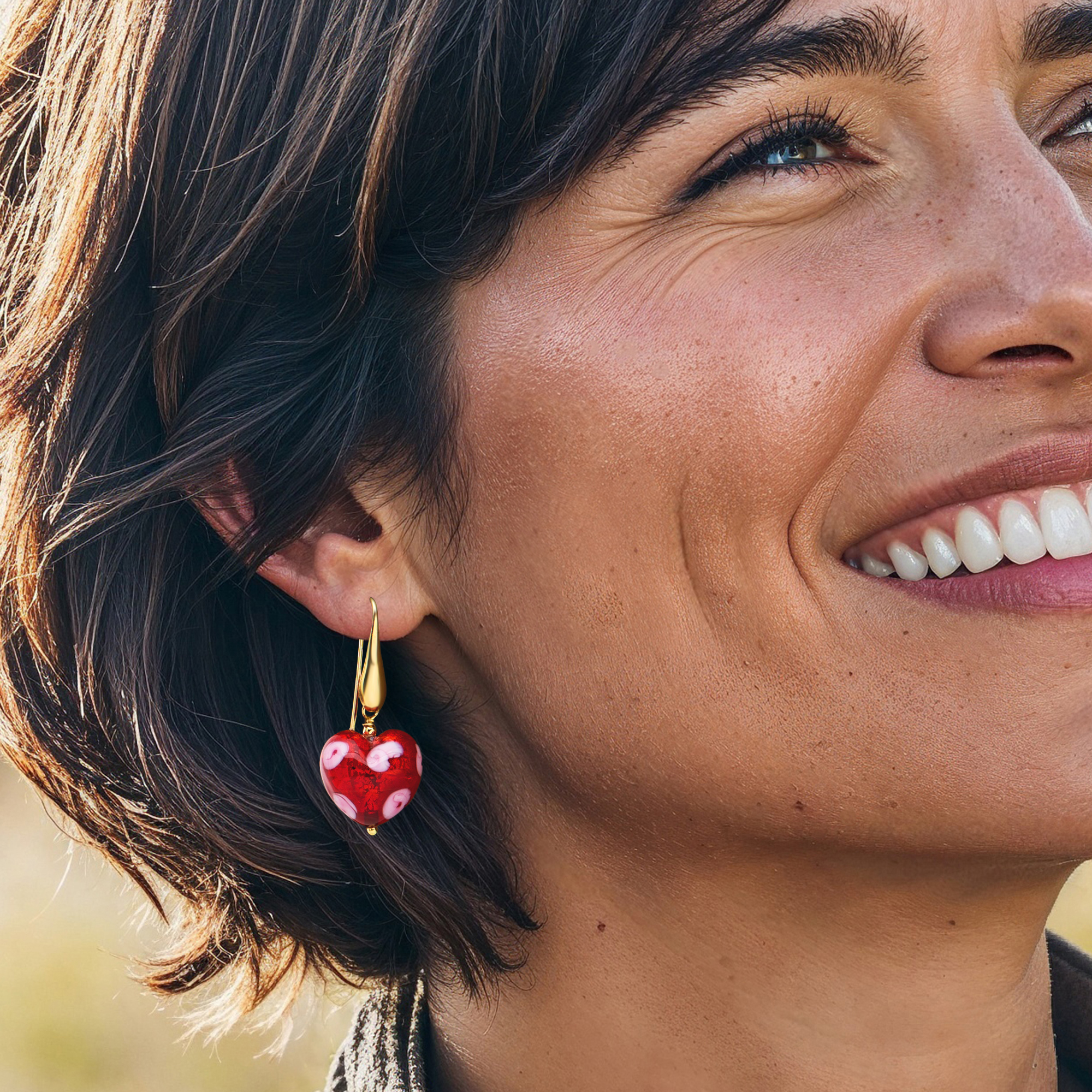 Italian Murano Glass Red Heart Drop Earrings in 18kt Gold