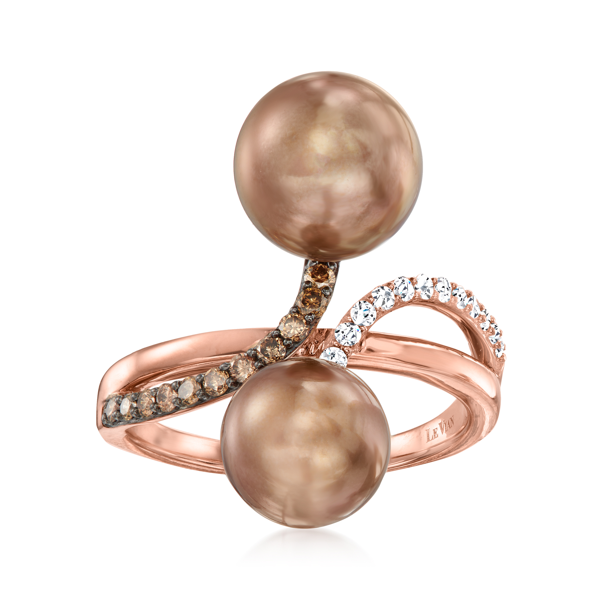 Le Vian 8 10mm Chocolate Pearl and .15 ct. t.w. Chocolate Diamond Ring with Vanilla Diamond Accents in 14kt Strawberry Gold. Size 7