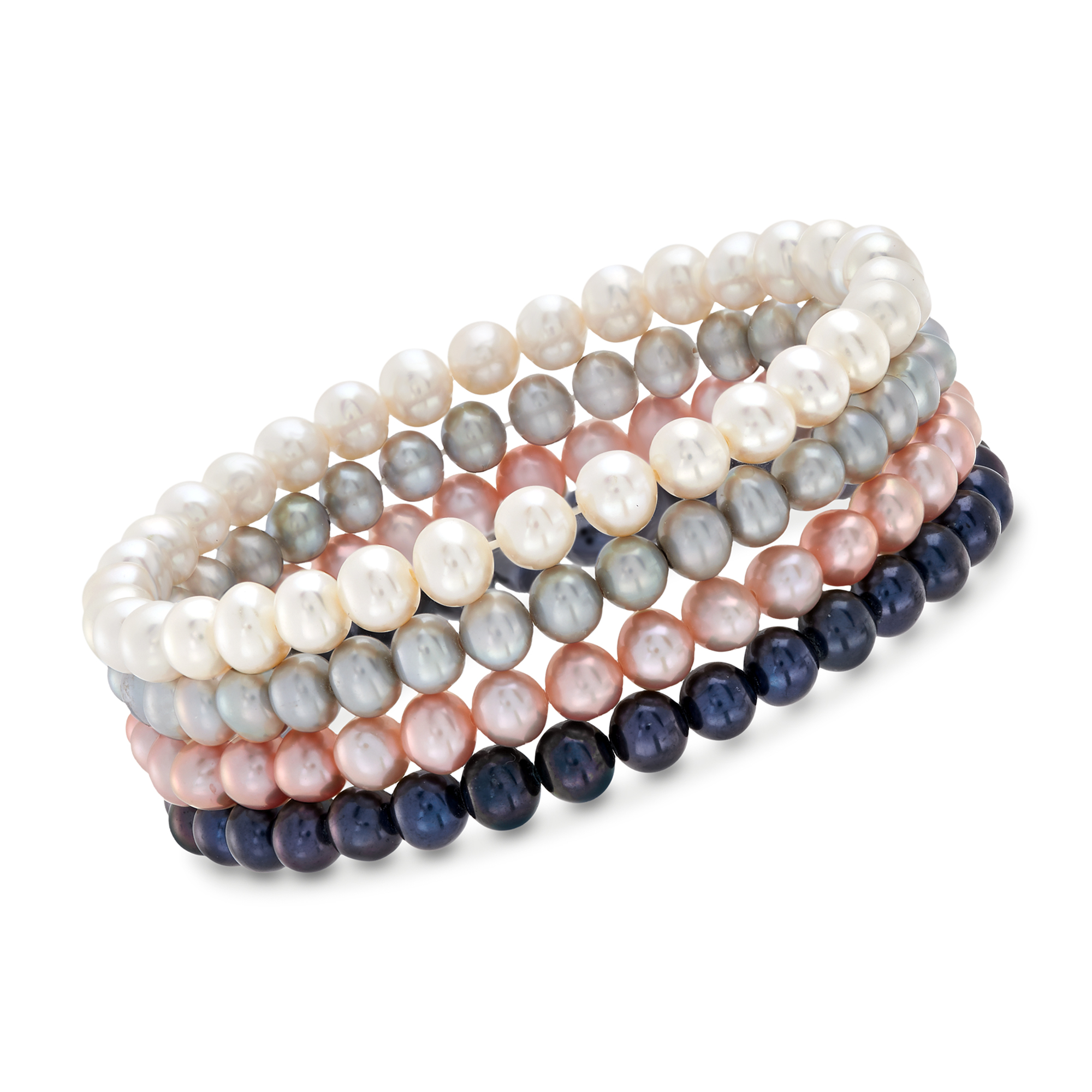 Stretch-to-fit 5 row fresh water pearl bangle bracelet with silver spacing beads Stretch-to-fit 5 row fresh water pearl bangle bracelet with silver spacing beads