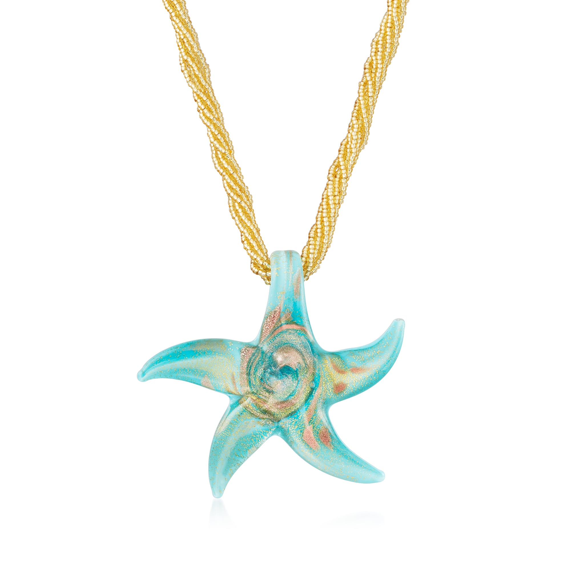 イタリアMURANO GLASS ペンダント【未使用】 Italian Turquoise Murano Glass Starfish Necklace with 18kt Gold