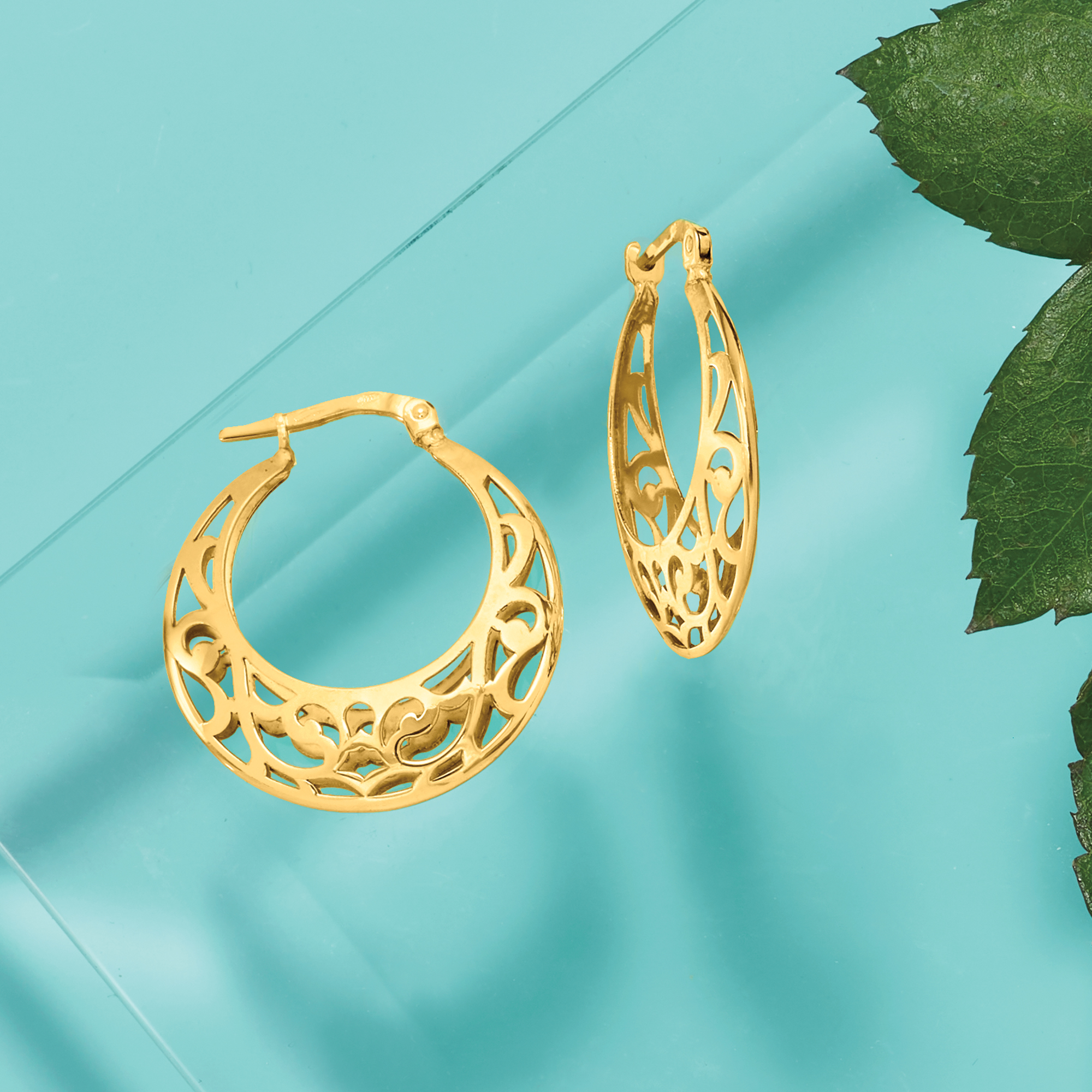 Italian 14kt Yellow Gold Filigree Hoop Earrings. 1" RossSimons