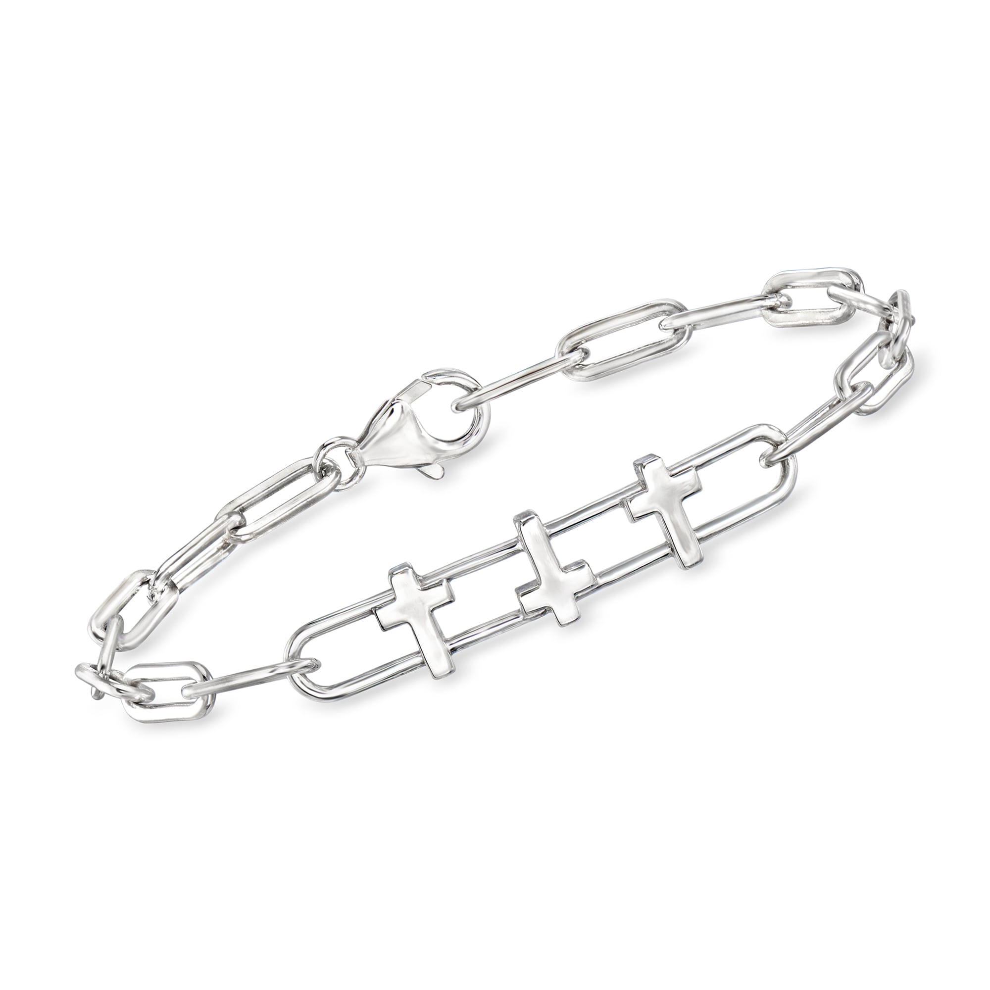 Zina Sterling Silver Cross Trio Paper Clip Link Bracelet | Ross Simons