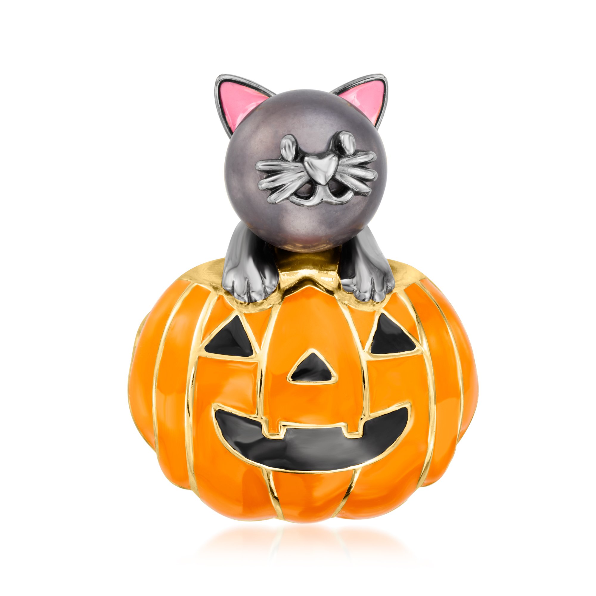 9-9.5mm Black Cultured Pearl Cat and Orange Enamel Pumpkin Pin