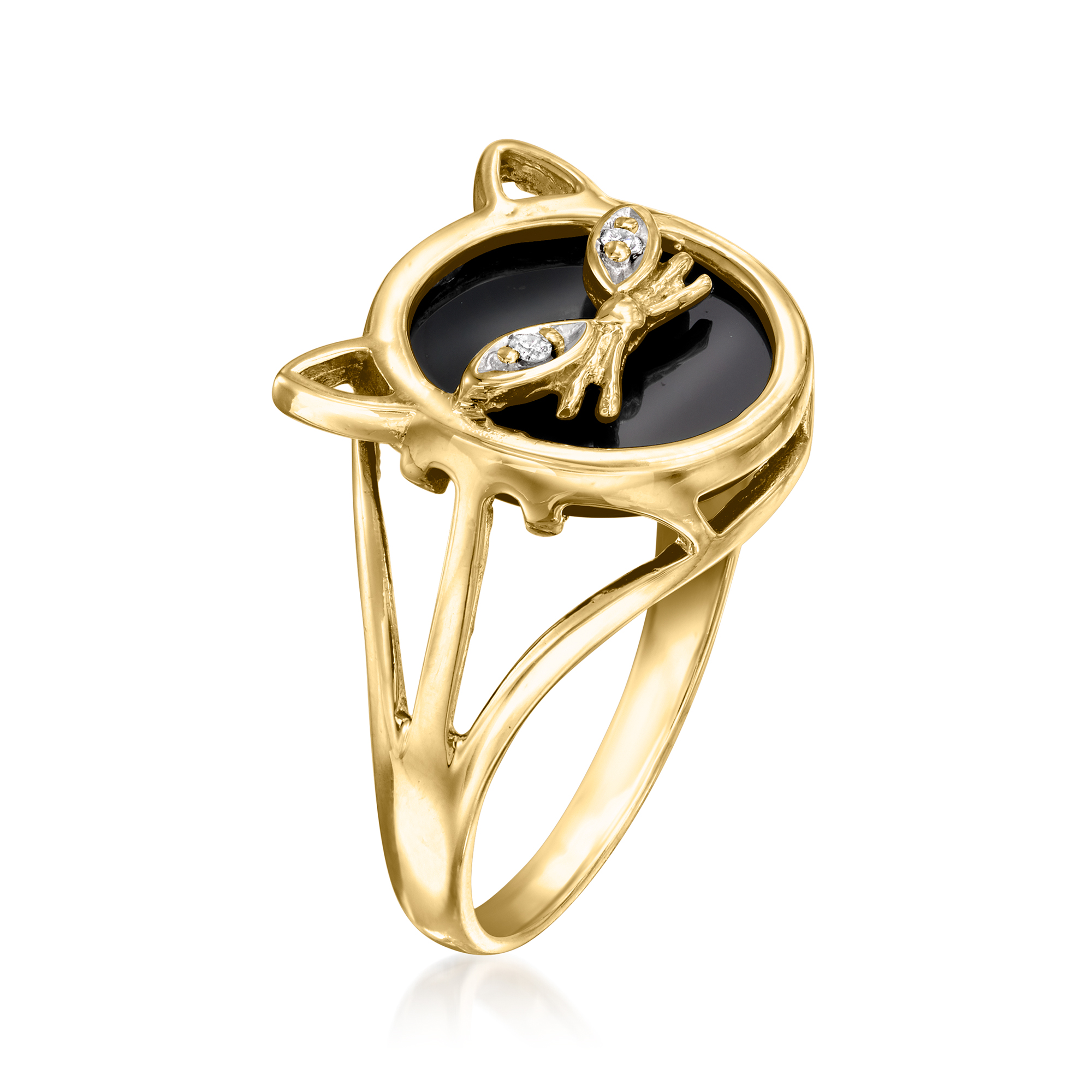 C. 1990 Vintage Onyx Cat Ring with Diamonds in 14kt Yellow Gold