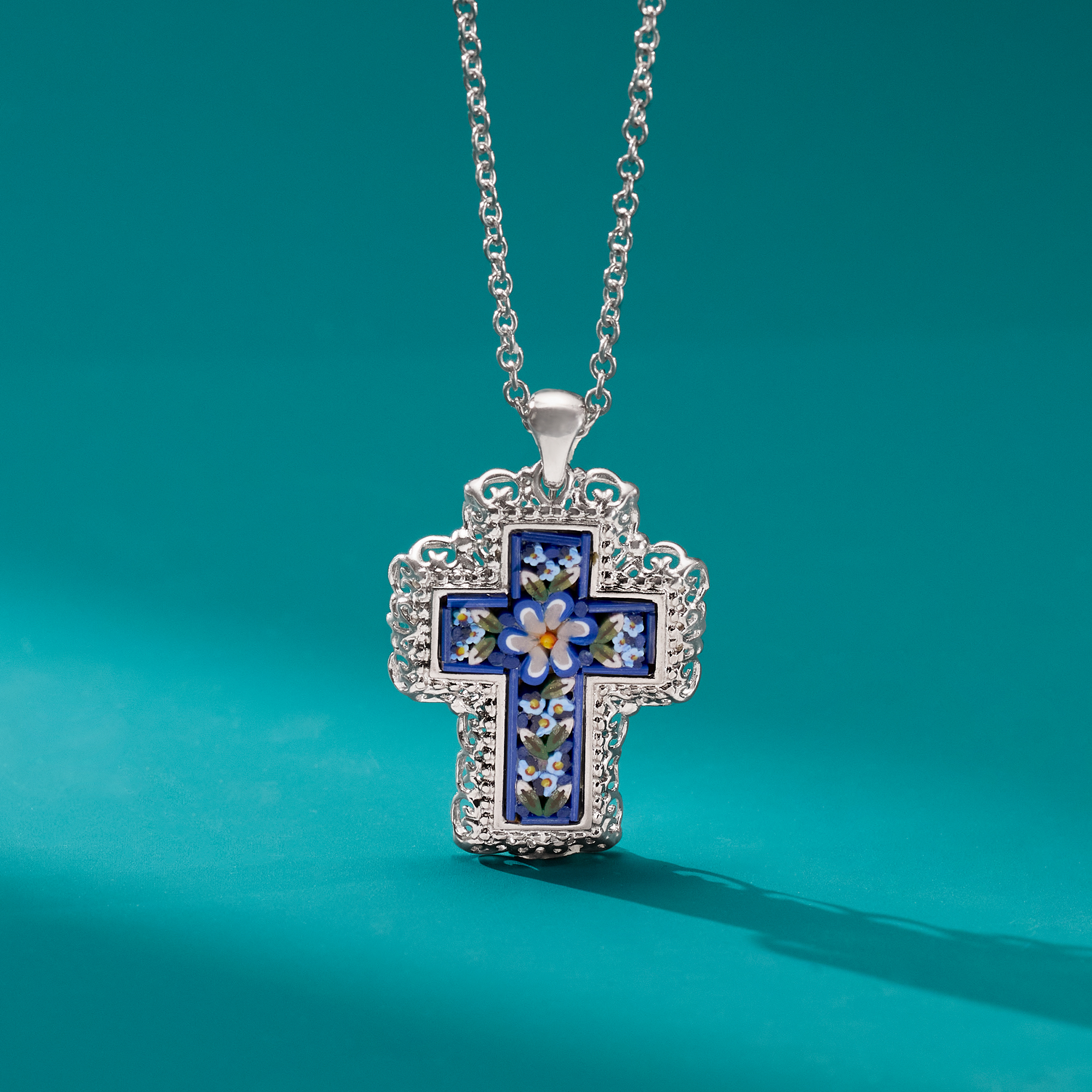 Italian Murano Glass Mosaic Floral Cross Pendant Necklace in