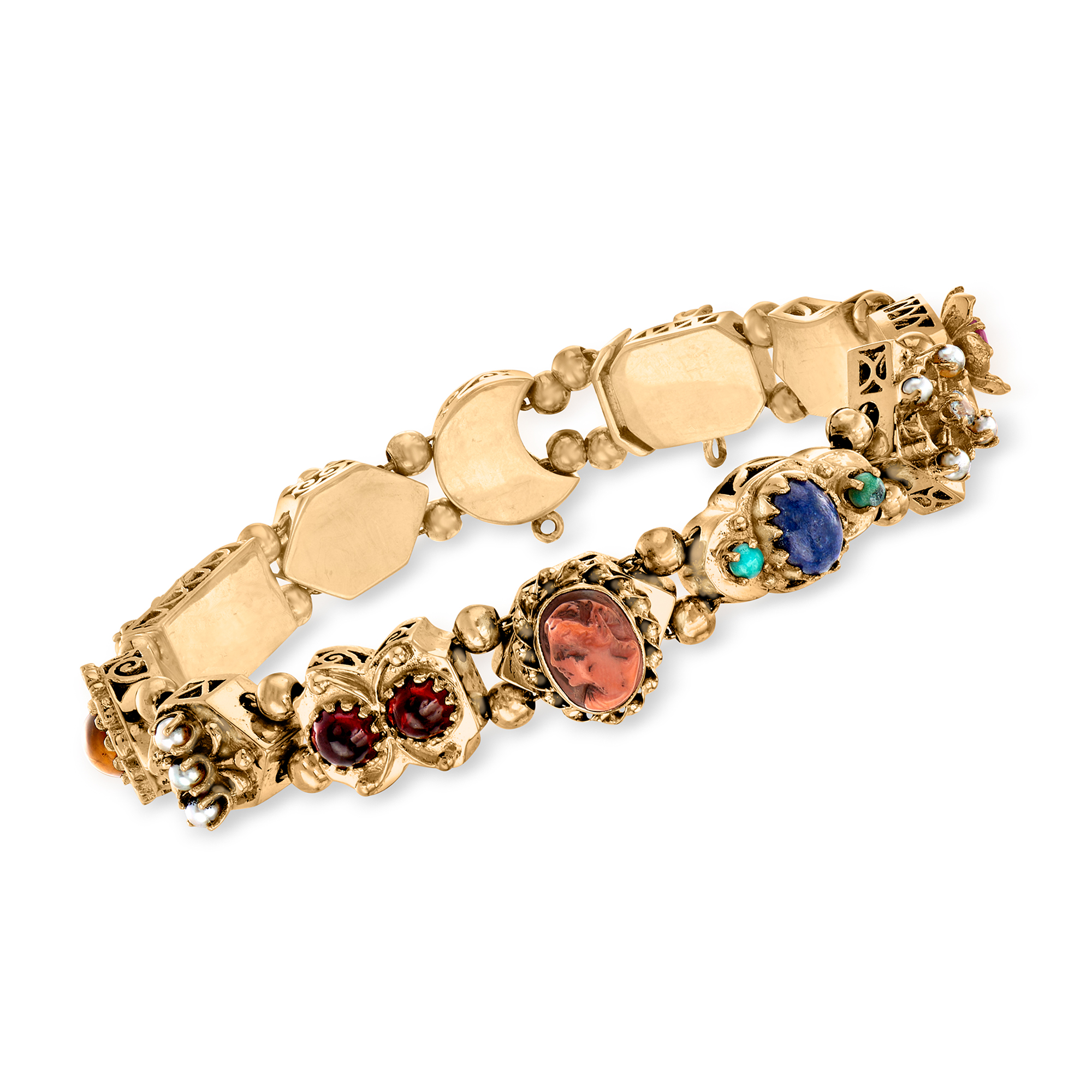 C. 1960 Vintage 1.03 ct. t.w. Multi Gemstone Slide Charm Bracelet with Seed Pearls in 14kt Yellow Gold
