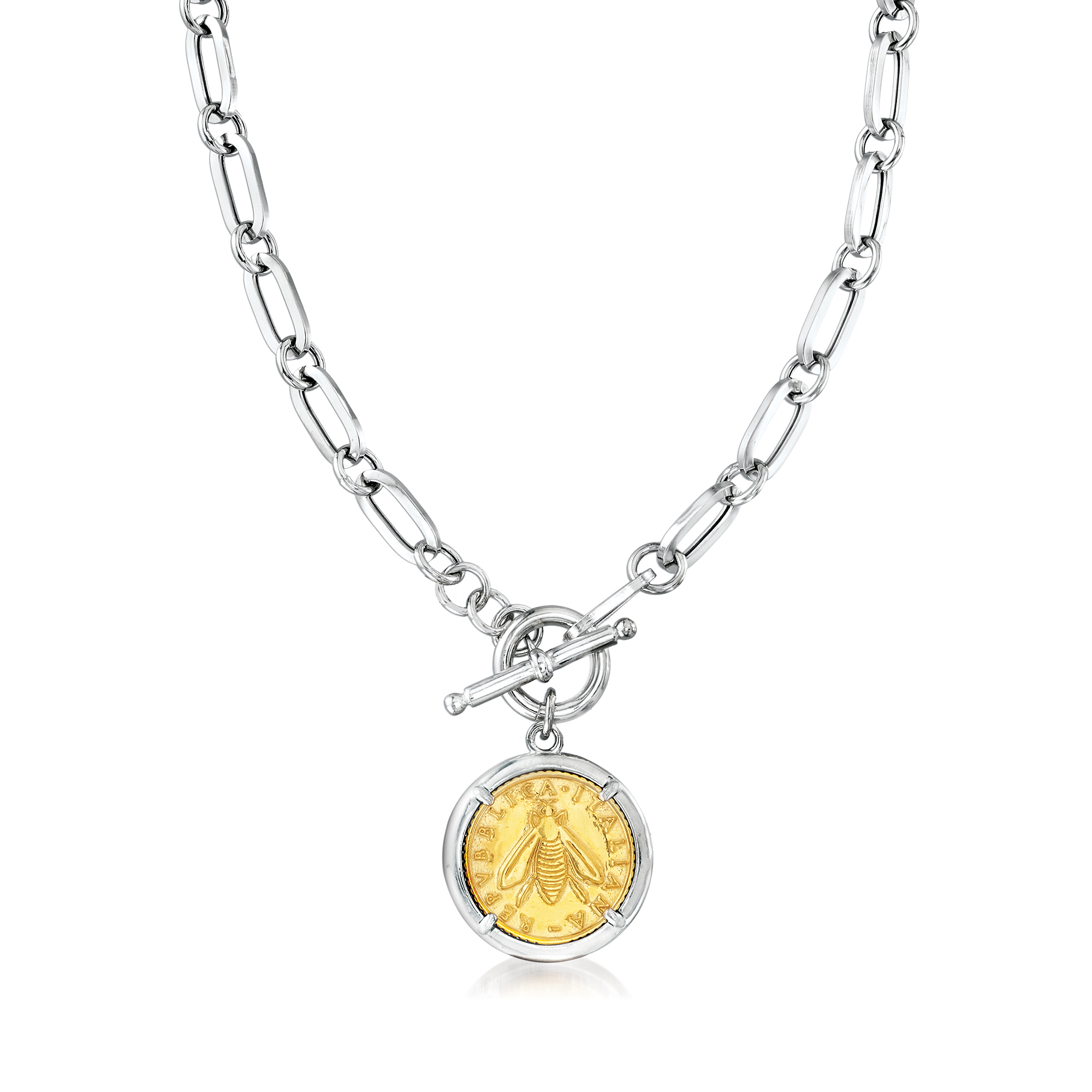 Italian Black Spinel Genuine Bee Lira Coin Necklace in 18tk Gold Over Sterling 