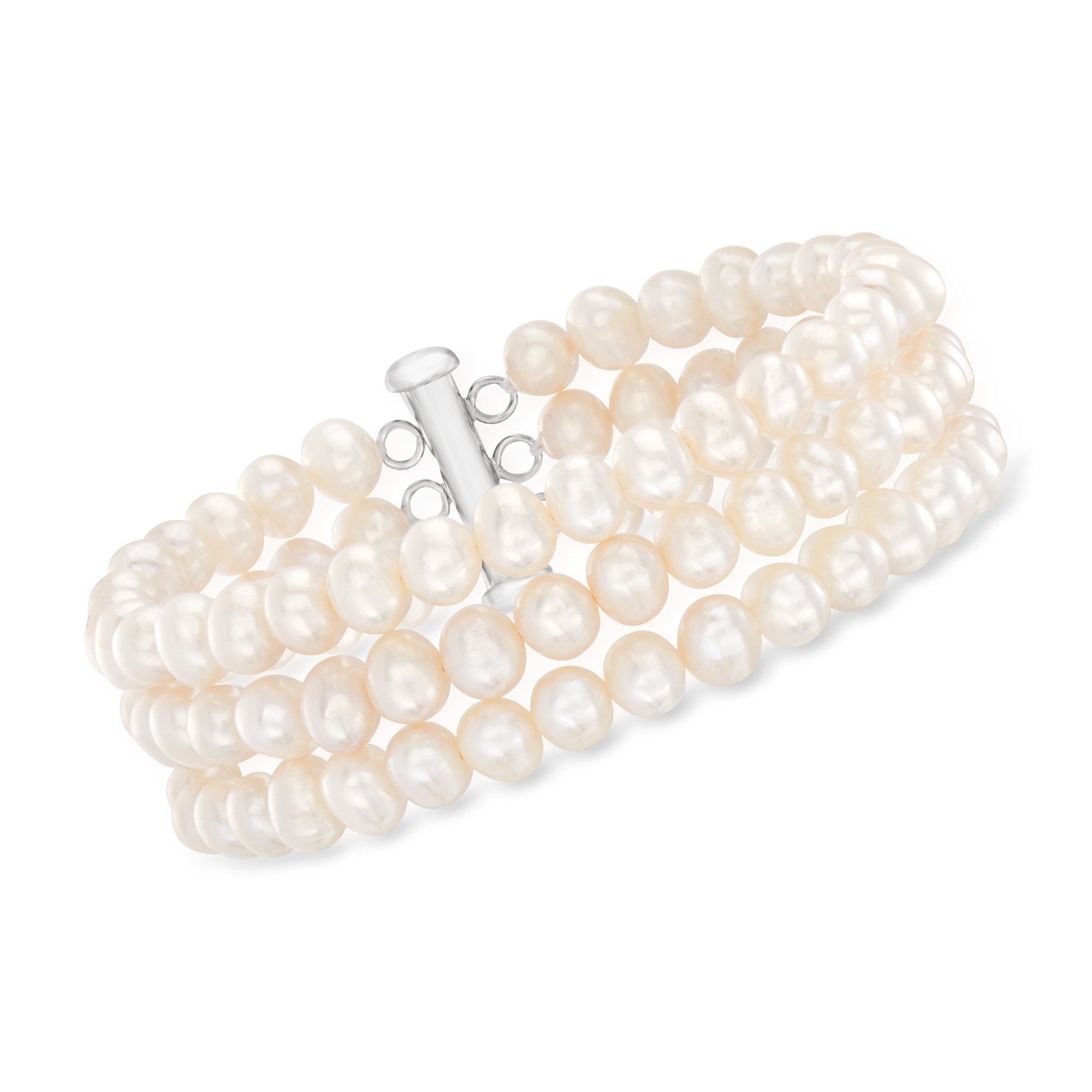 5 6mm Cultured Pearl Three Strand Bracelet with Sterling Silver