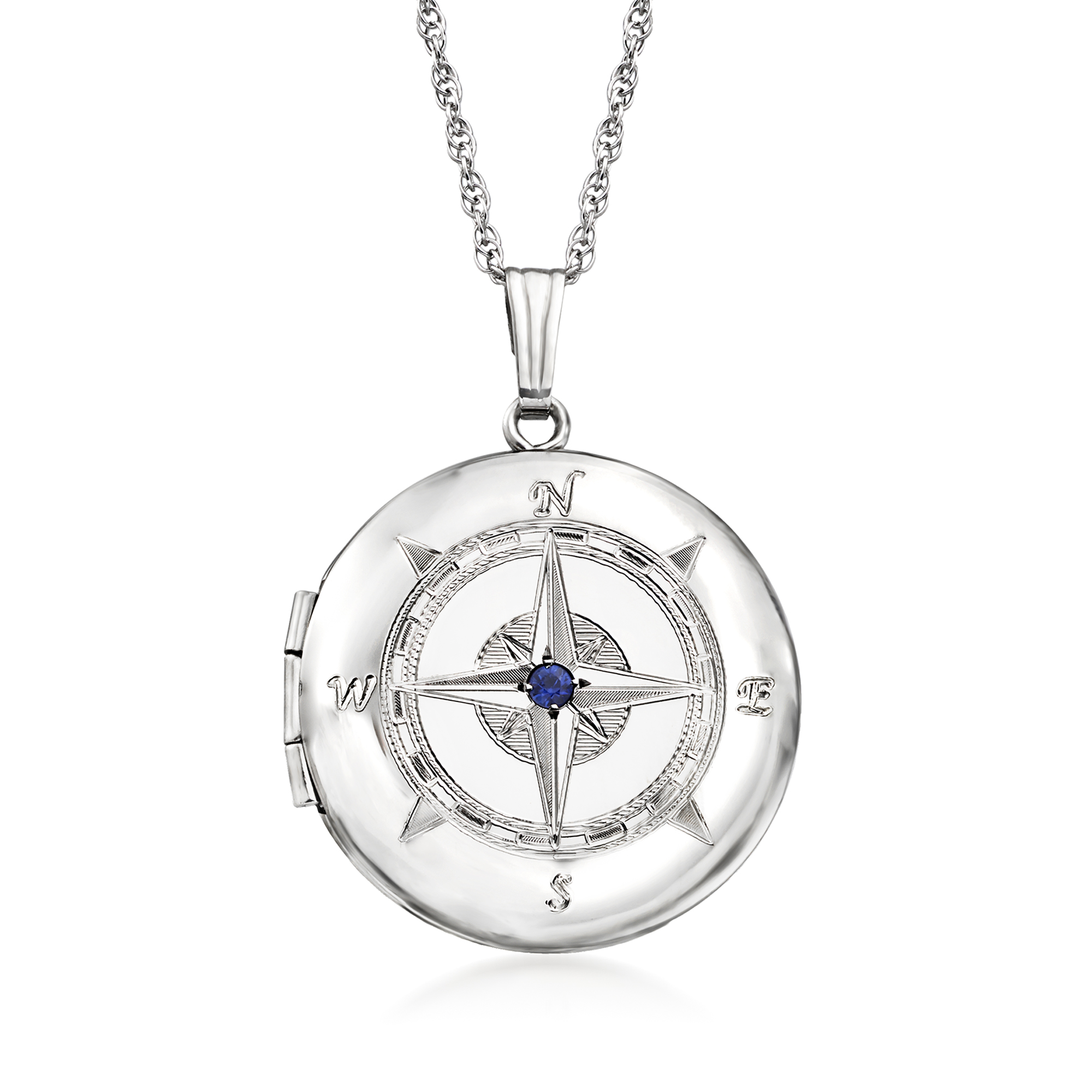 Sterling Silver Compass Locket Necklace with Single Sapphire