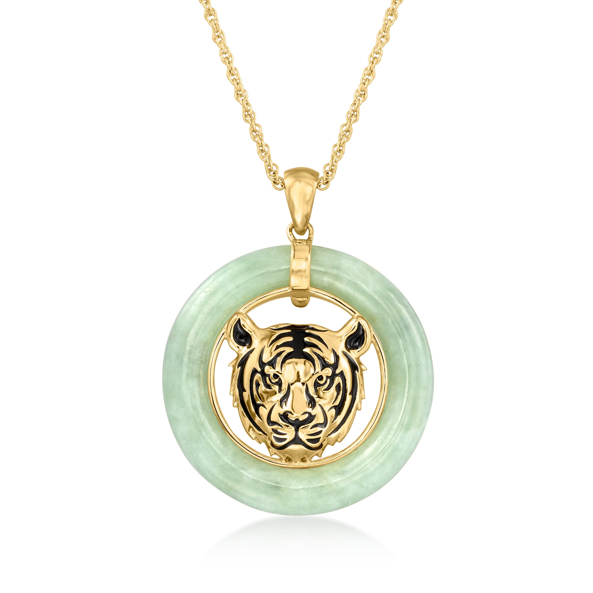 Jade Tiger Head Pendant Necklace in 18kt Gold Over Sterling