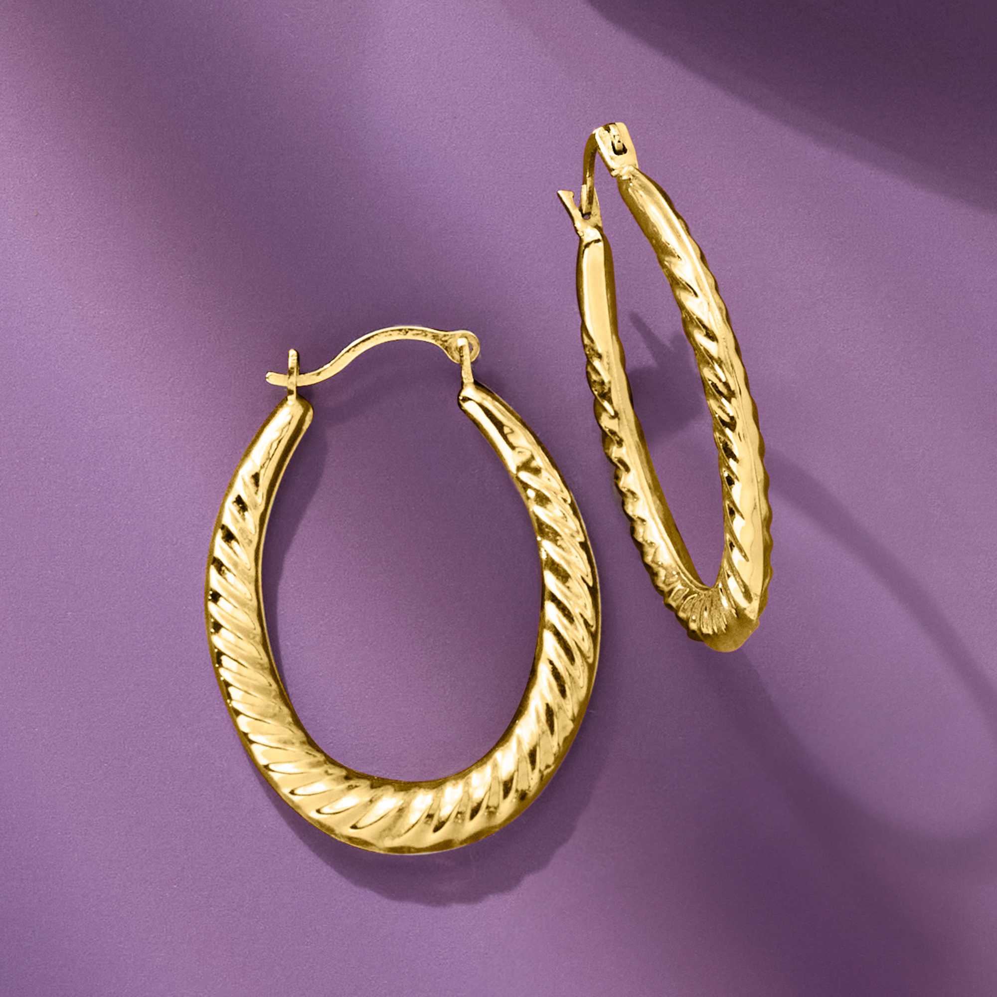 14kt Yellow Gold Twisted-Oval Hoop Earrings. 1