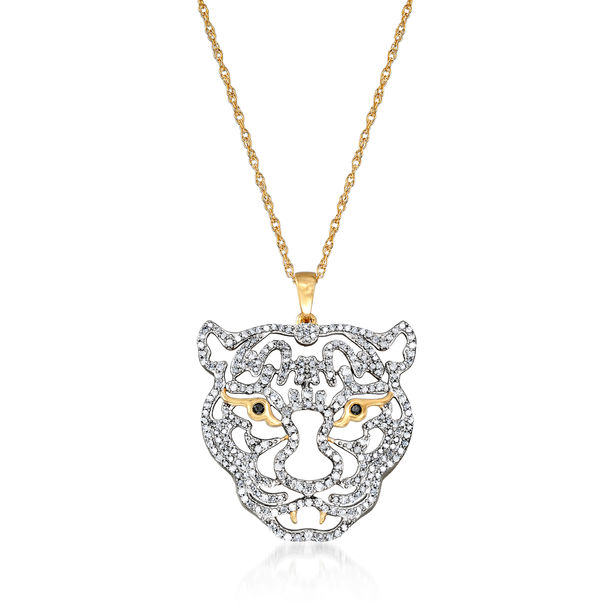 1.00 ct. t.w. Diamond Tiger Pendant Necklace with Black Diamond Accents in 18kt Gold Over Sterling