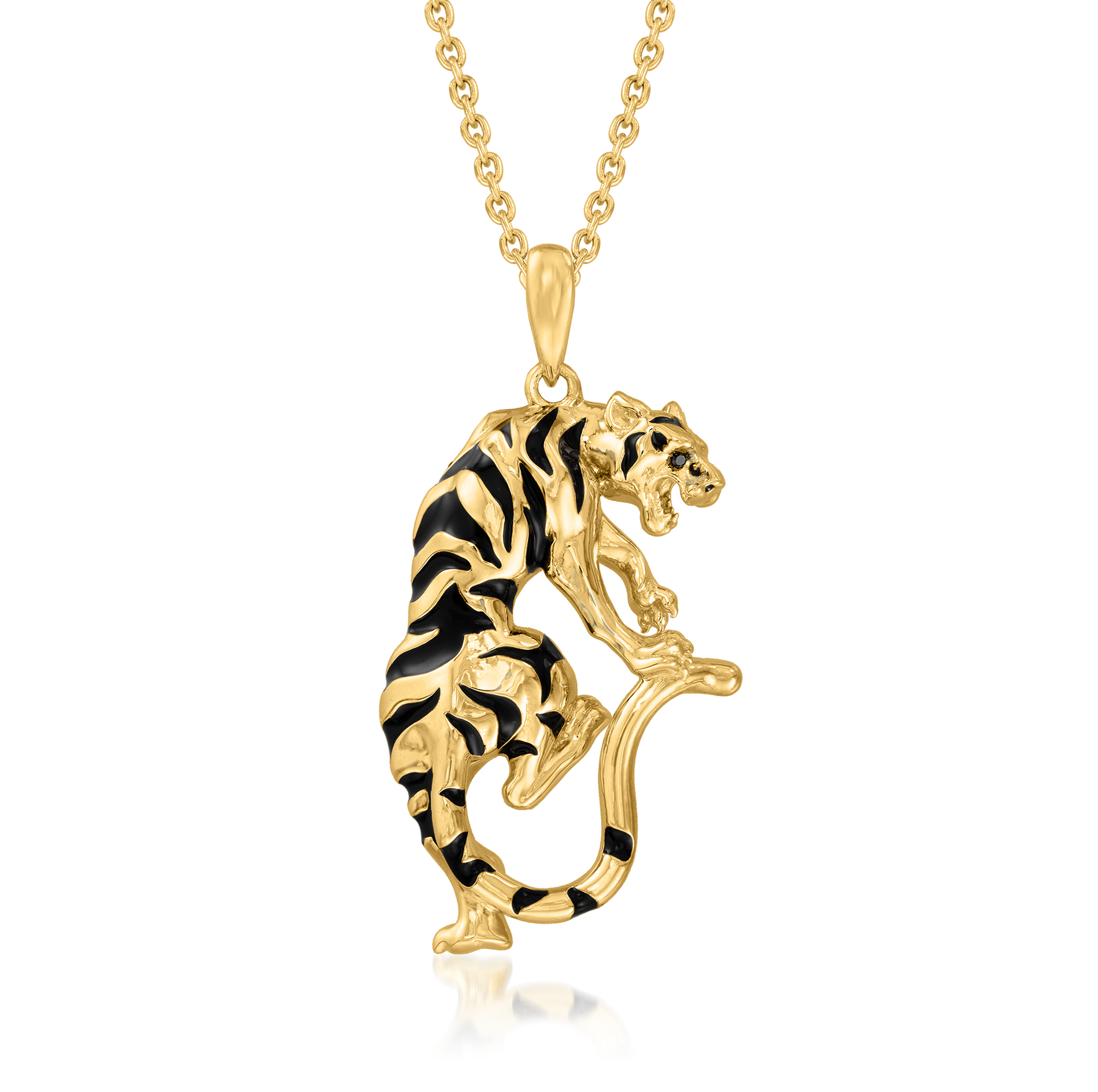 Black Enamel Tiger Pendant Necklace in 18kt Gold Over Sterling