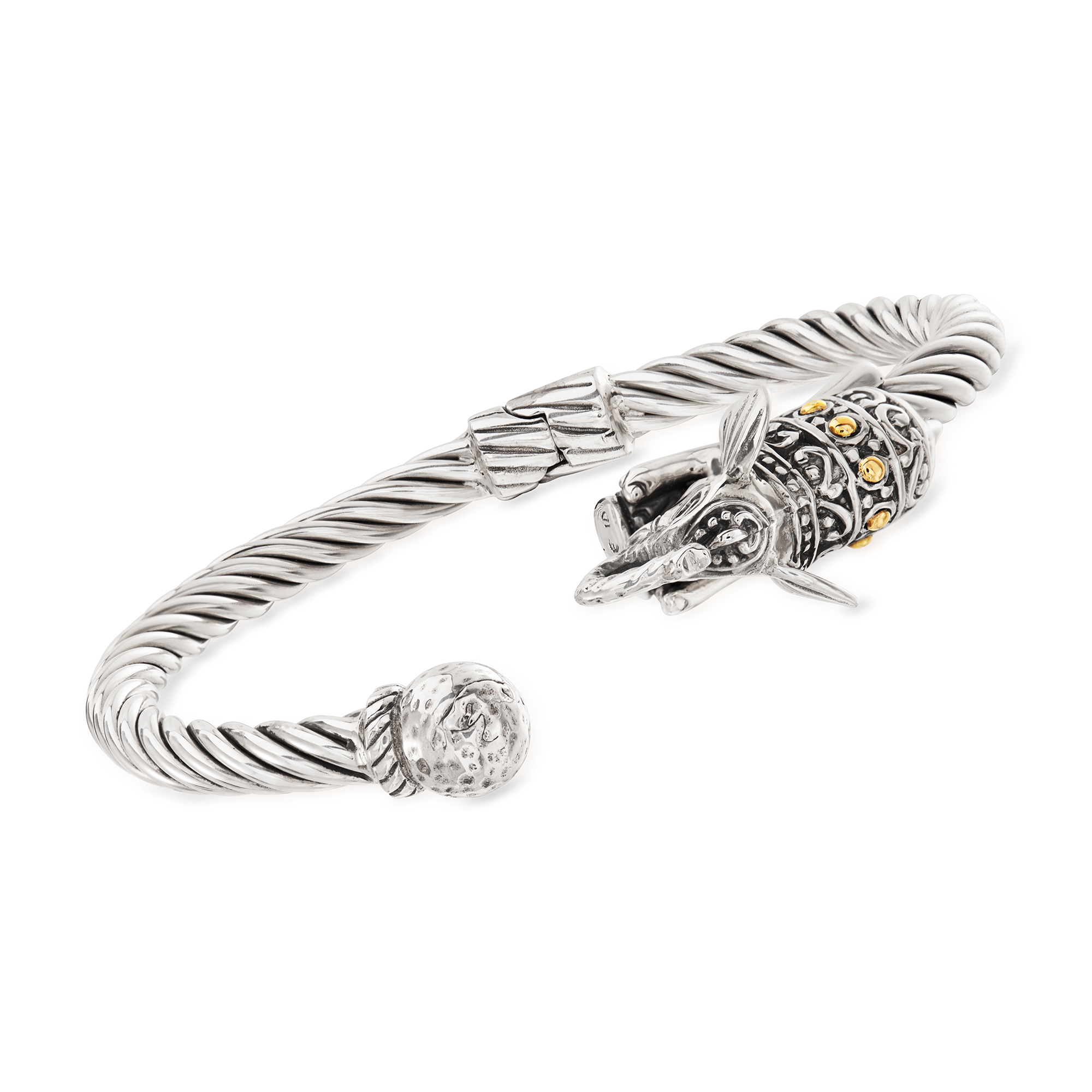 Sterling Silver Bali-Style Elephant Bangle Bracelet with 18kt Yellow 