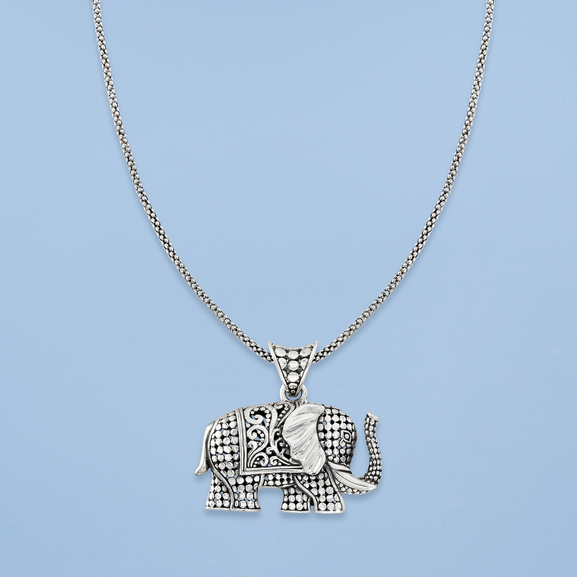 Sterling Silver Bali-Style Elephant Pendant Necklace