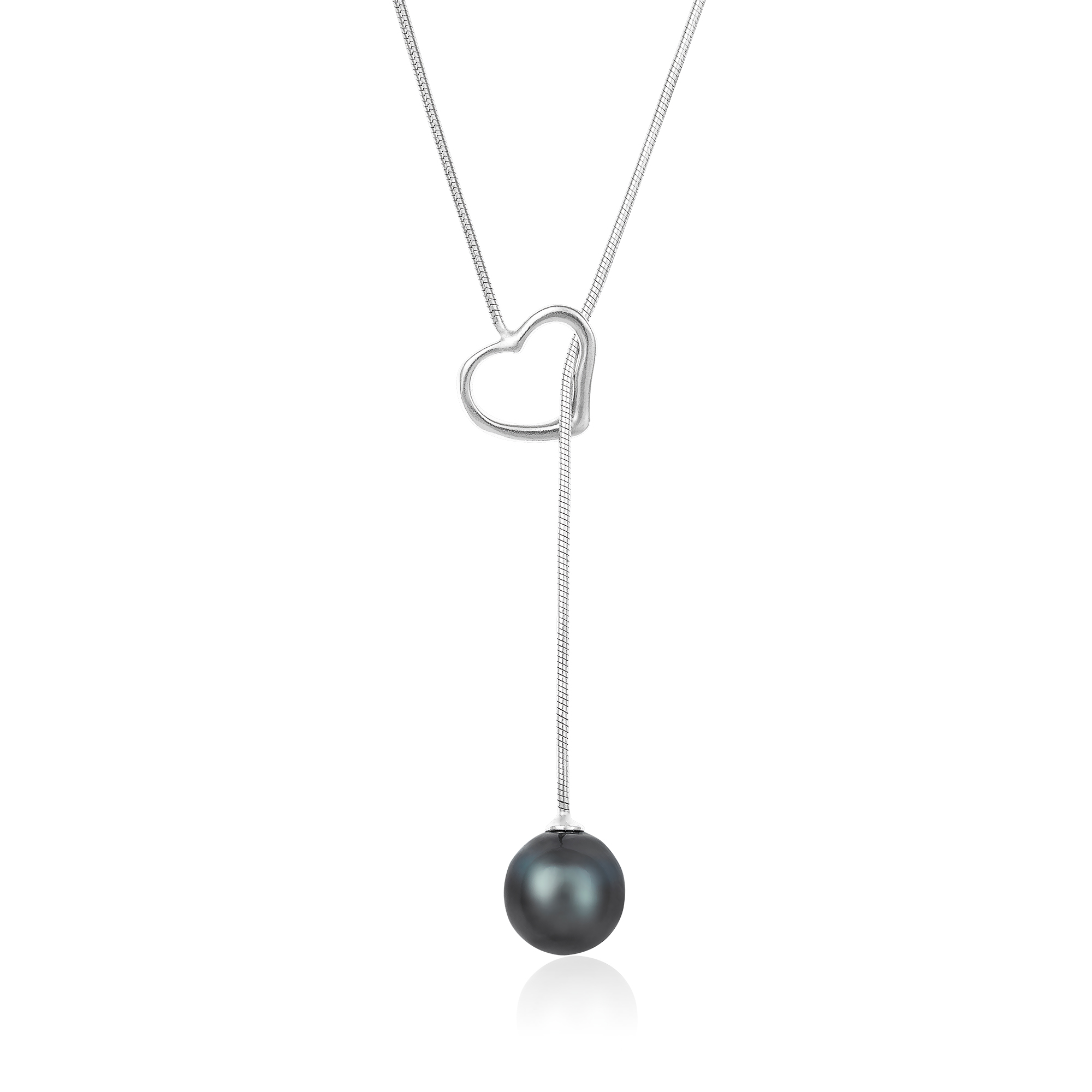 9-10mm Black Cultured Tahitian Pearl Heart Lariat Necklace in Sterling  Sivler. 18