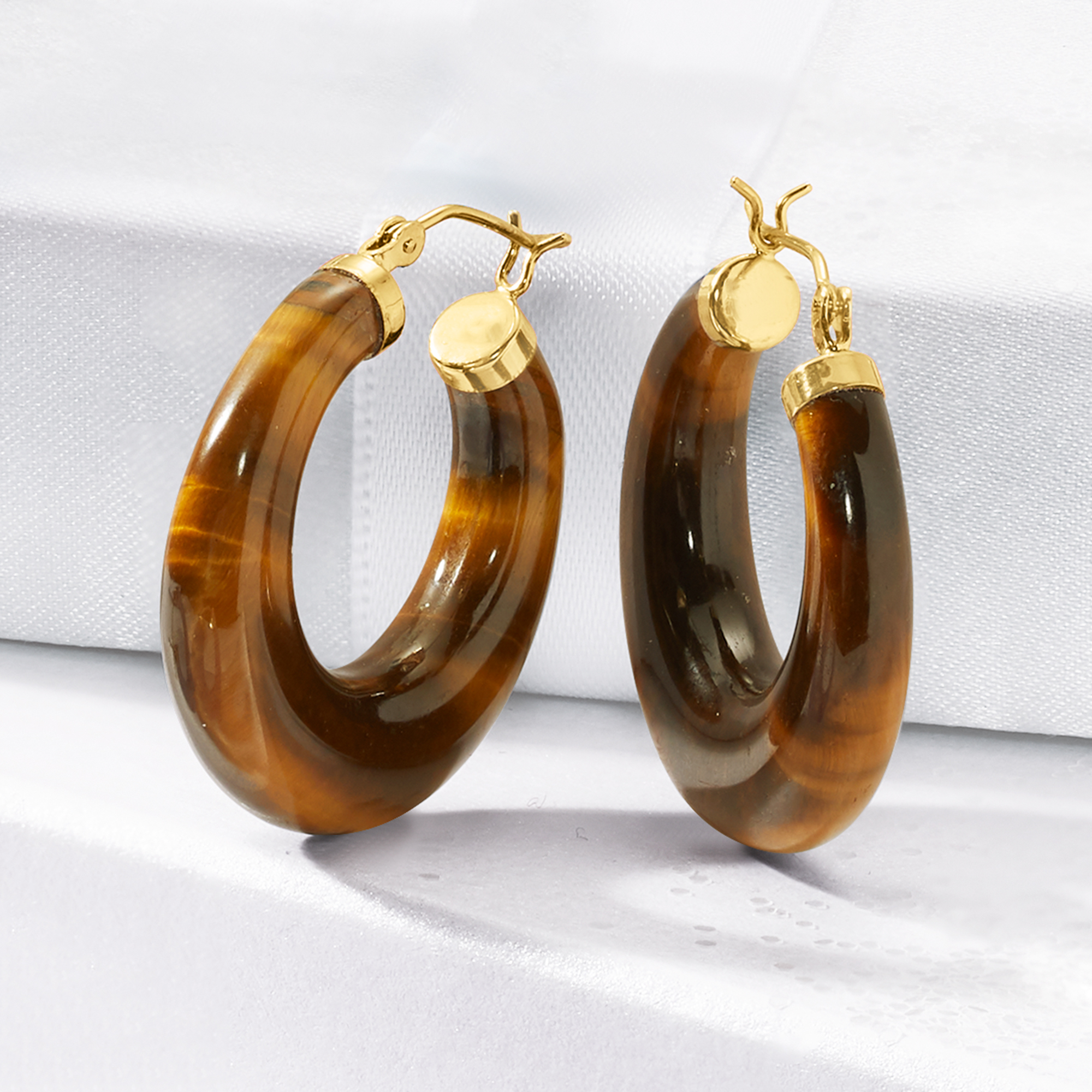 Tiger Eye Hoop Earrings in 14kt Yellow Gold. 1 1/8