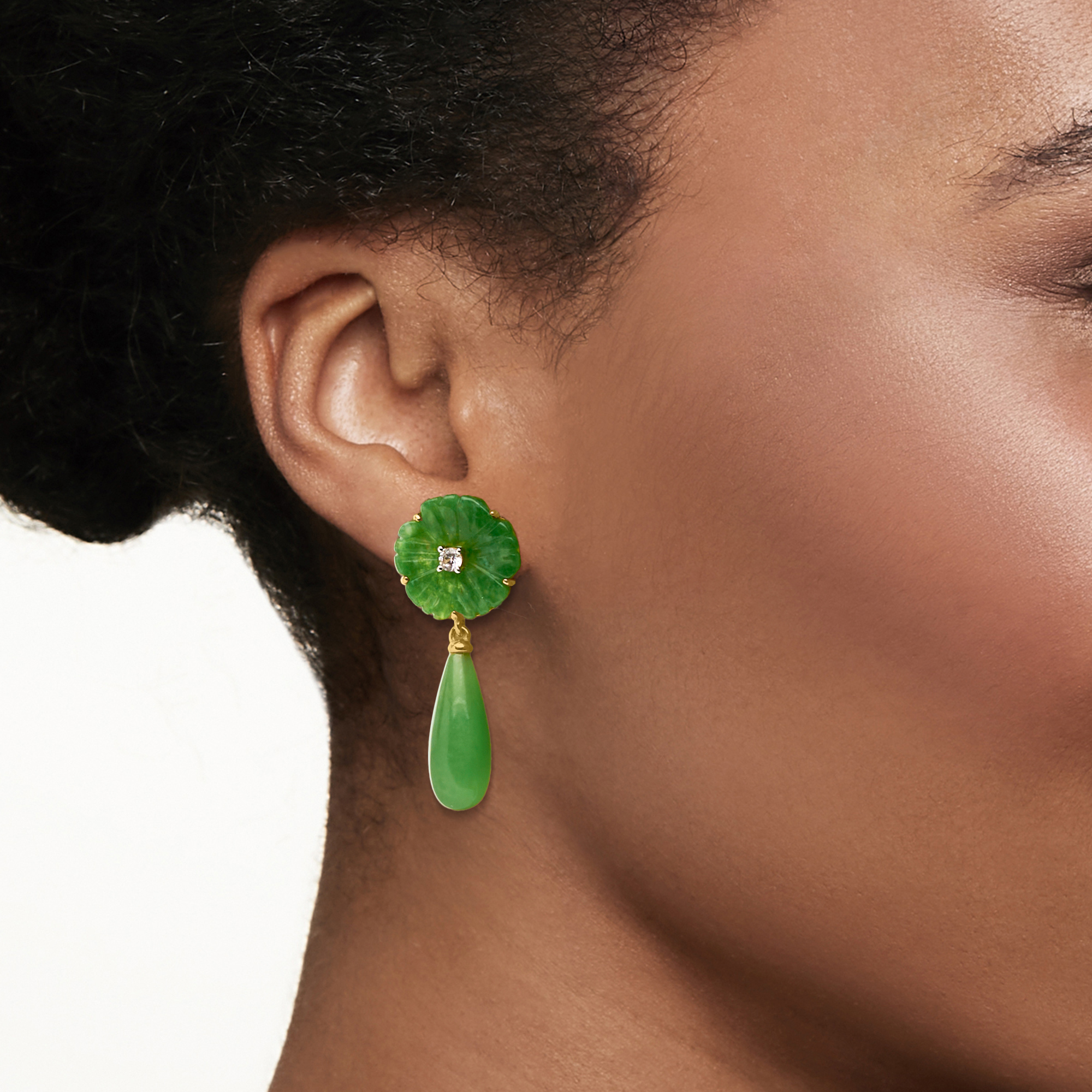 Jade and .30 ct. t.w. White Zircon Flower Drop Earrings in